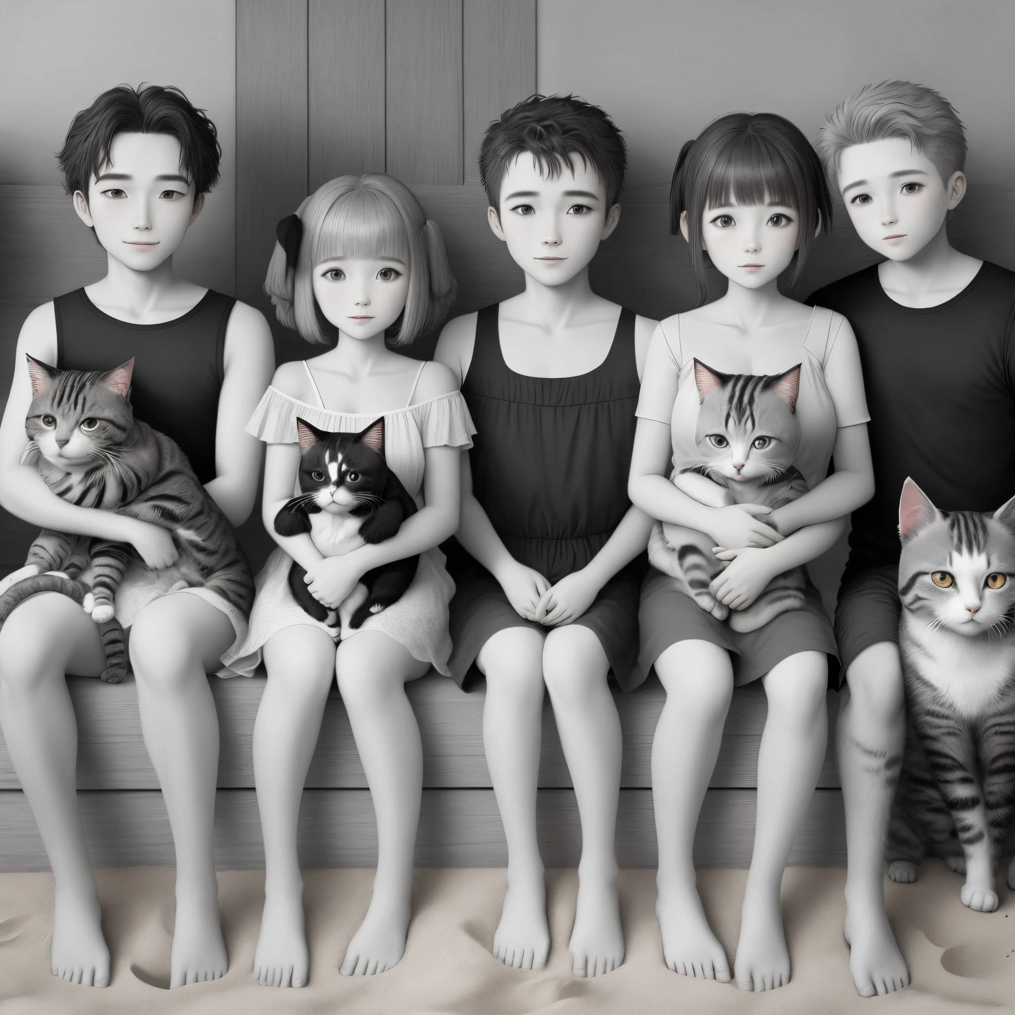 Family of five. Dad mom oldest son middle daughter youngest daughter two girl cats one gray and one gray black and one girl dog a little bigger black and white and one small boy dog sand colour
