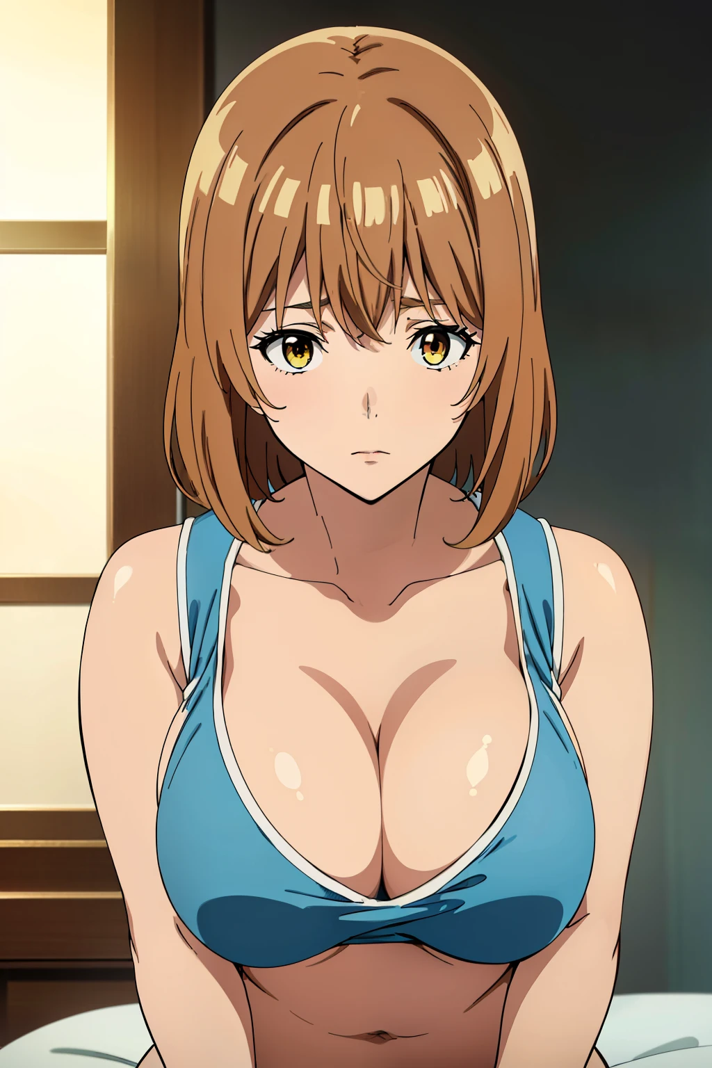 (Best Quality, masutepiece, High resolution, anime screen cap, anime colours), Brown hair, Yellow eyes, Yuriko Aoki, Embarrassed look, (large full breasts:1.5), cleavage of the breast, (white tank-top:1.5, no-bra:1.3, Thin fabric), Slimed, Arms Down:1.3, Breast squeeze:1.5, Upper body, Chest close-up, Bedrooms, (Perfect Anatomy, perfect detailed body, Eyes and hair in beautiful detail, Beautiful breasts and skin),