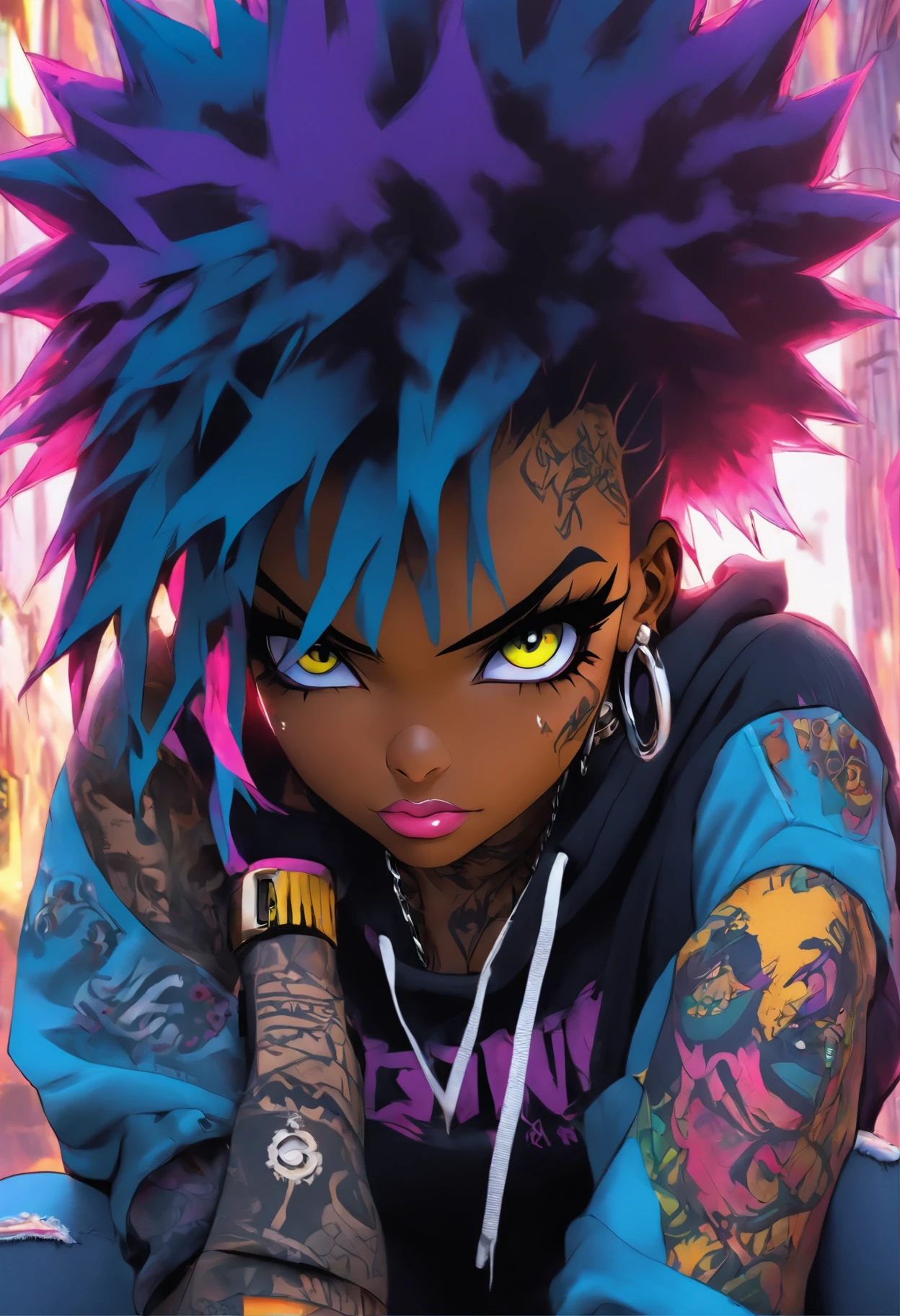 The most beautiful and sexy punk rock girl, black Afro, black and purple, blue hair, yellow eyes, dark skin, wearing a hoodie, Graphic design jacket and torn skinny jeans, tons of tattoos and piercings, Perfect masterpiece, high quality, High resolution, big tits