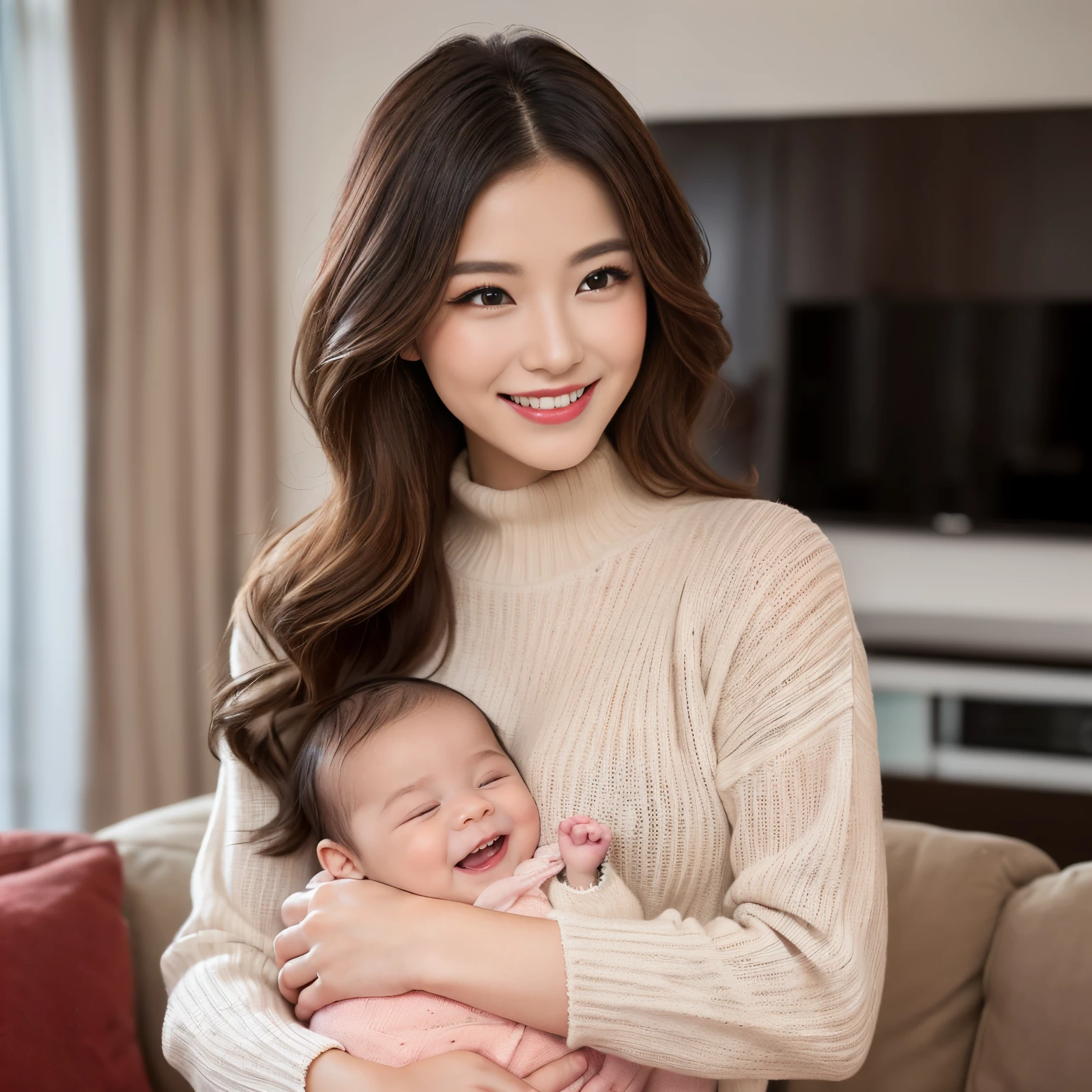 ((top-quality、masutepiece、8K、Top image quality))、(1 photo:1.5)、(a woman is holding a :1.5)、(realistic and accurate baby:1.5)、(Tight sweaters:1.3)、(Color Contacts:1.3)、(Pregnancy:1.2)、(blondehair:1.5)、(tight waist black sweater)、(The background is the living room of a luxury apartment..:1.2)、(Very bright lighting:1.3)、(standing in a richly decorated living room:1.2)、((The happiest smile、the best smile when you look at me))、(cowboy  shot:1.3)、Beautiful teeth、(waved hair、Perfect makeup)、(long eyelashes:1.3)、Emphasize body lines、large full breasts、(accurate anatomy:1.3)、face perfect、Perfect Anatomy