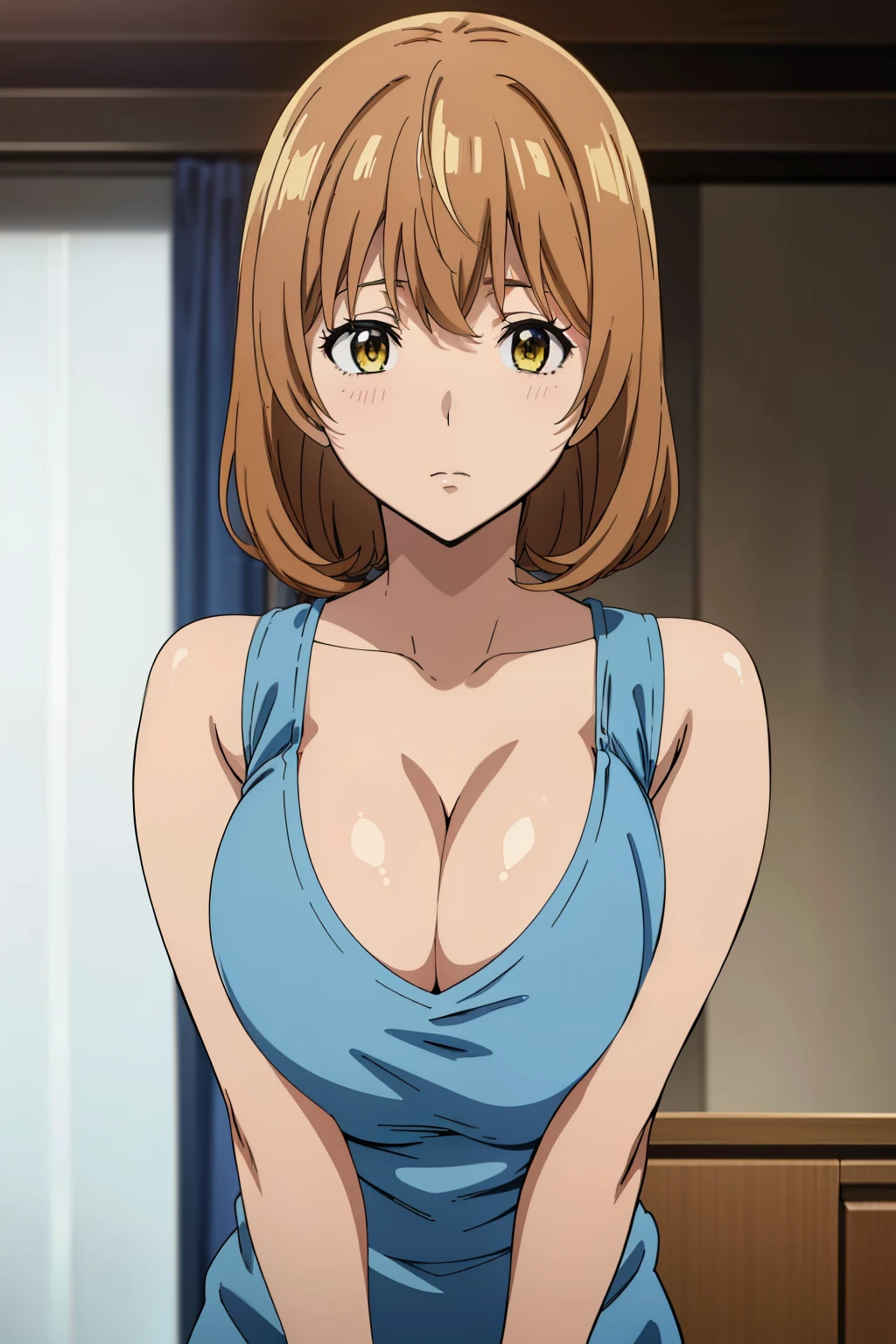 (Best Quality, masutepiece, High resolution, anime screen cap, anime colours), Brown hair, Yellow eyes, Yuriko Aoki, Embarrassed look, (large full breasts:1.5), cleavage of the breast, (white tank-top:1.5, no-bra:1.3, Thin fabric), Slimed, Arms Down:1.3, Breast squeeze:1.5, Upper body, Bedrooms, (Perfect Anatomy, perfect detailed body, Eyes and hair in beautiful detail, Beautiful breasts and skin),