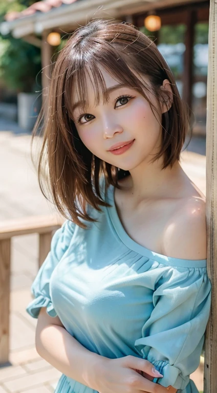 (skin blemish:1.2), (skindentation), black eye, 1woman, 25yo, (((woman))), solo, realistic, best quality, photorealistic, masterpiece, 8k, high res, solo, extremely detailed face, (professional lighting, bokeh), (light particles, lens flare, glowing particles:0.6), (dynamic pose:1.2), soft lighting, top angle view, fashionable and trendy atmosphere, japan, street, tokyo, harbour, skytree, tokyo tower, ((daytime)), sky, ((looking at the viewer:1)), (looking at the camera),(portrait:0.6), cowboy shot, gorgeous, standing, keep original facial proportion, wide shoulder, full body, (medium breast), (medium hair), brown hair, floating hair, lips, lipstick, seductive smile, floating hair, smile, open_mouth, teeth, blouse, (flowery pattern summer dress:1), eyelashes, mole, (mole under eye:1),