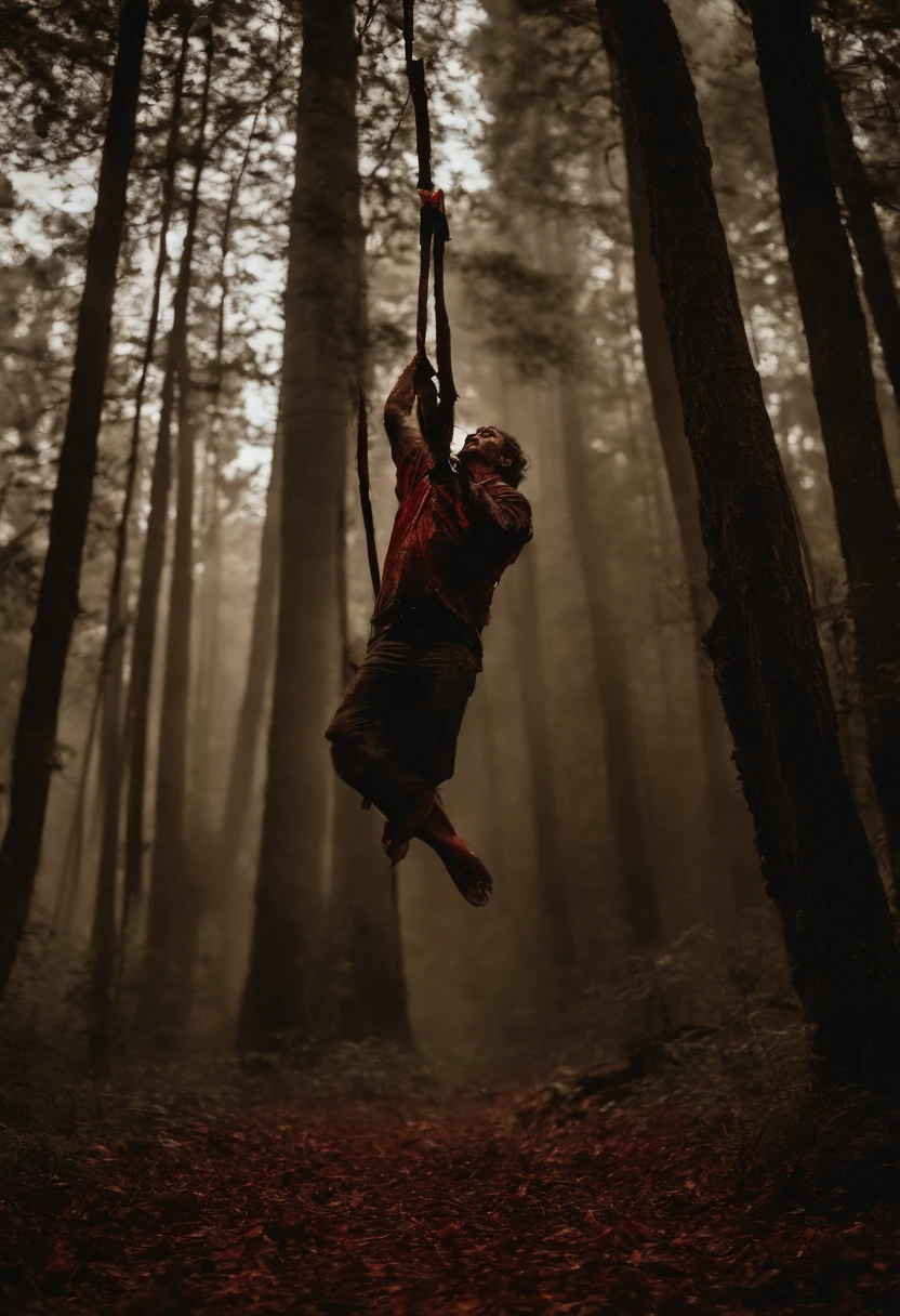 The image shows a bloodied machete being raised high above a terrified victim tied to a tree in the woods.,Friday the 13th,jason vorhees, male