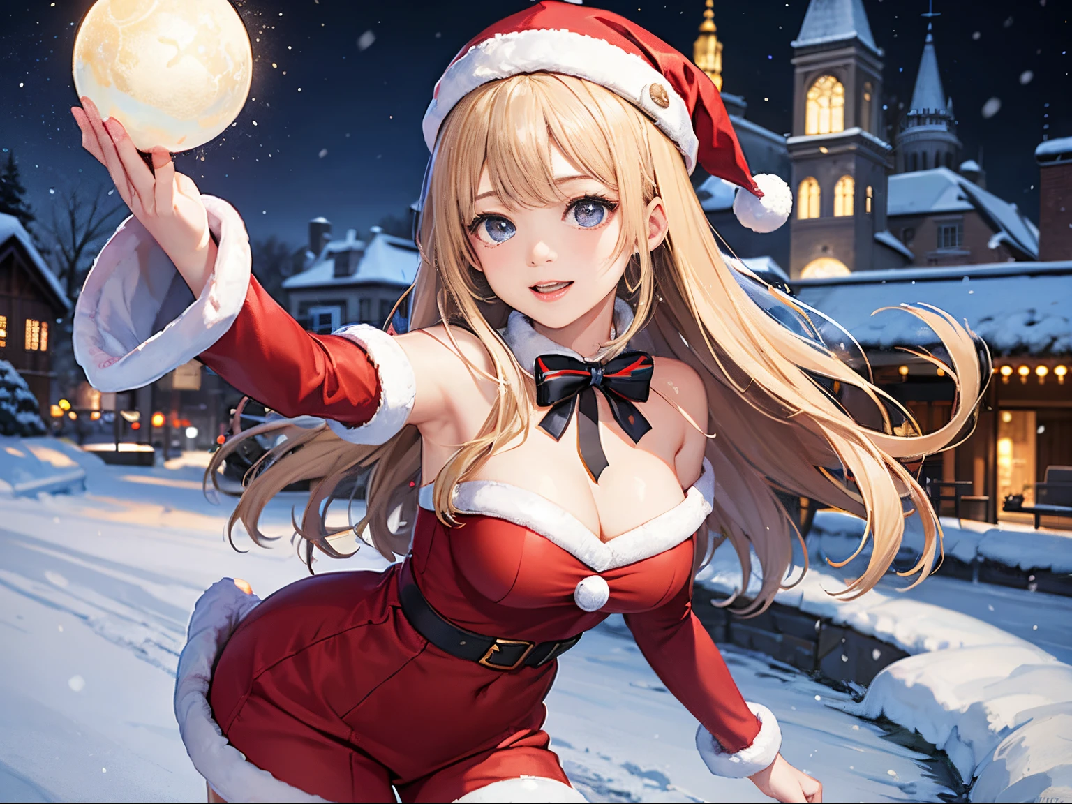 in 8K、top-quality、​masterpiece、ultra-detailliert、Ultra-high resolution、1 persons、 girl、It's snowing、nightcity、a blond、santa costume、deliver a present