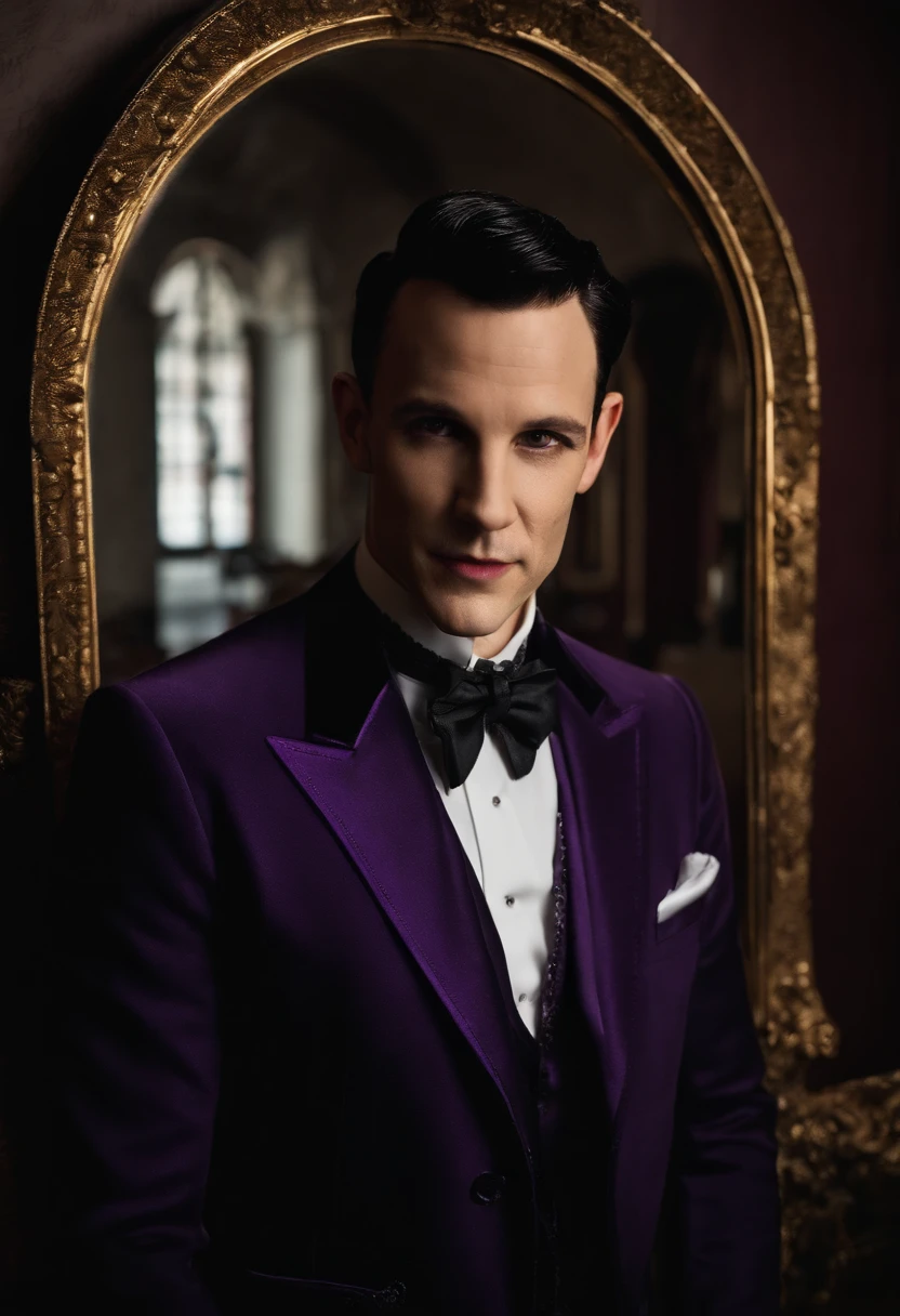 A photo of Oswald standing in front of a large, antique mirror, with a wicked grin on his face,Gotham,Oswald has spiky black hair, a long nose, and wears very fancy suits, favors the color purple. Famously portrayed by Robin Lord Taylor, male
