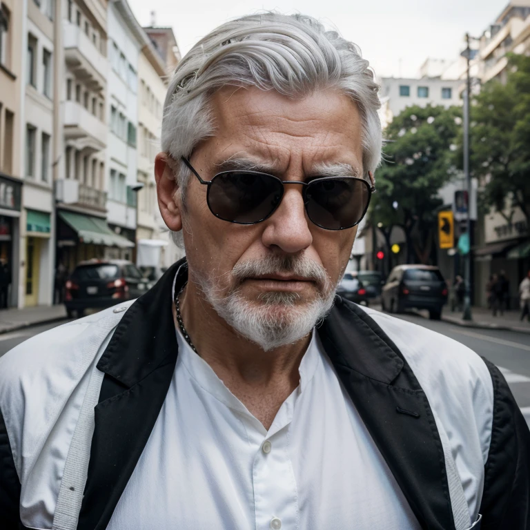 (best quality,highres),Photograph,(realistic,photo-realistic:1.37),portrait,man,left-wing populist leader,65 years old,resistance group leader,black suit,white Well-cut white hair,Black Sunglasses ,guerrilla base,tactical expression,determined look,serious facial features,dimly lit background,strong and confident posture,highly detailed face,sharp focus,vivid colors