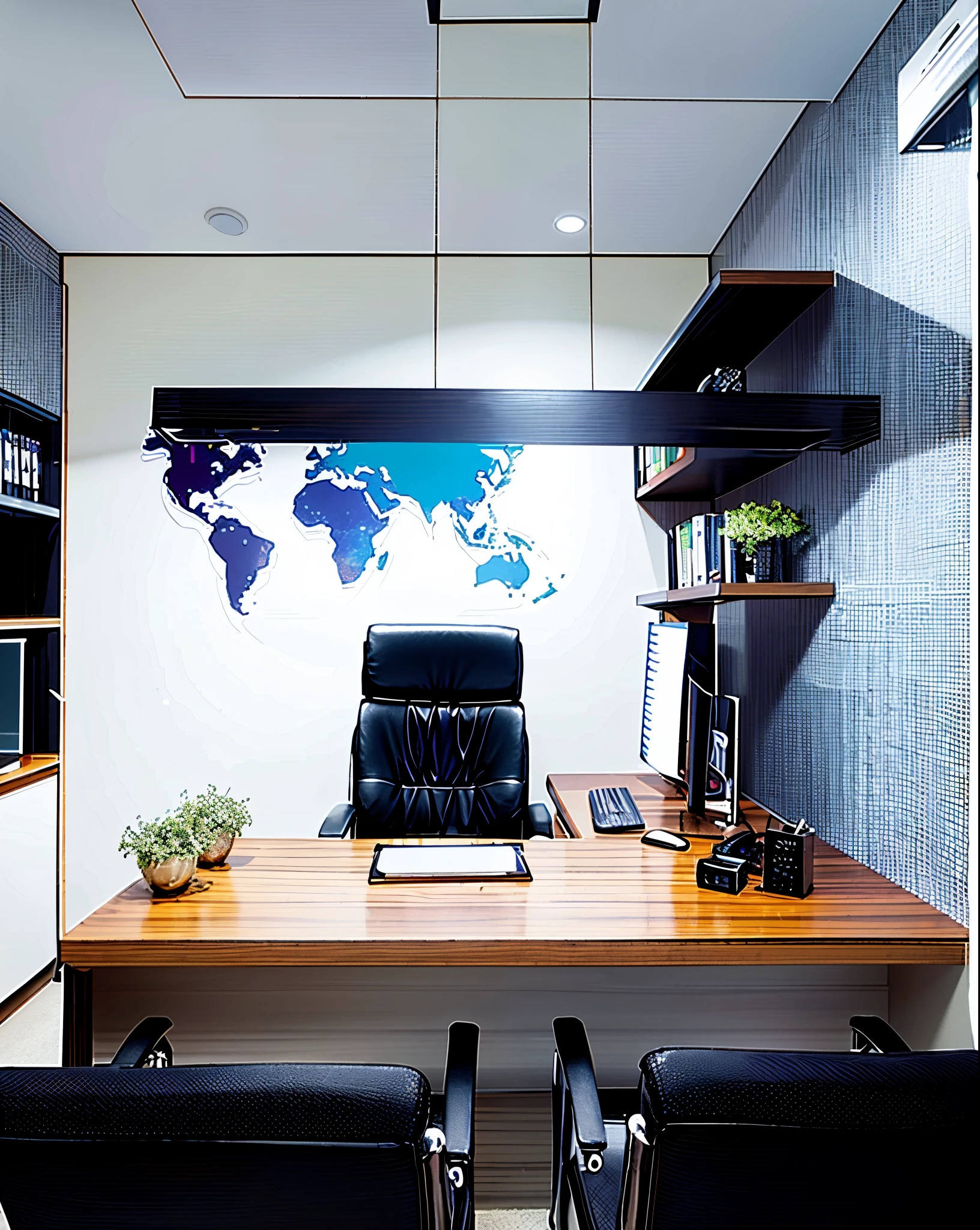 there is a desk with a chair and a computer on it, modern office, offices, home office interior, office room interior, huge office, office interior, well-appointed space, well - appointed space, functional and elegant look, minimalist home office, doctors office, home office, most respected design, well - decorated, office furniture, set inside of office