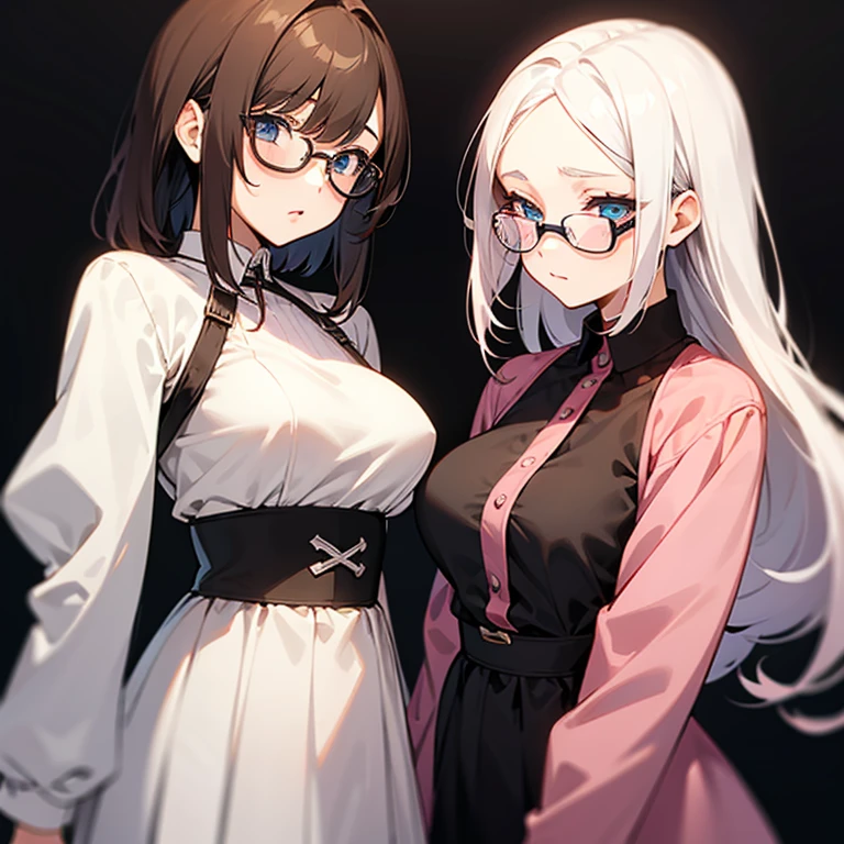 Anime, adult, 2girl, ,dark brown hair with highlights, brown eyes, light pink glasses, small boobs, long hair. white hair, blue eyes, short hair, big boobs, lesbian, no glasses