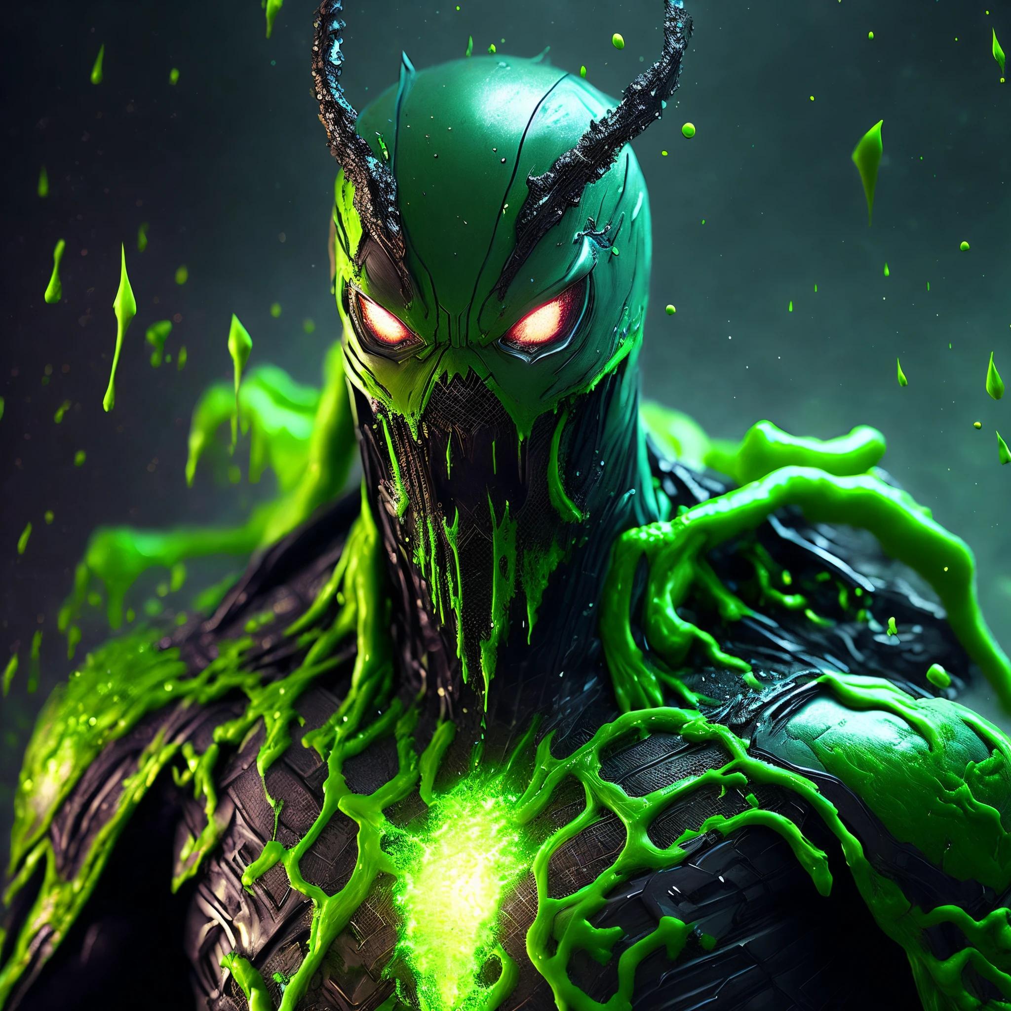 Close-up ( Slime man from Marvel in Goth style: 1.3) emerging from the thick slime, well detailed, sparks, metal shavings, flying debris, volumetric light