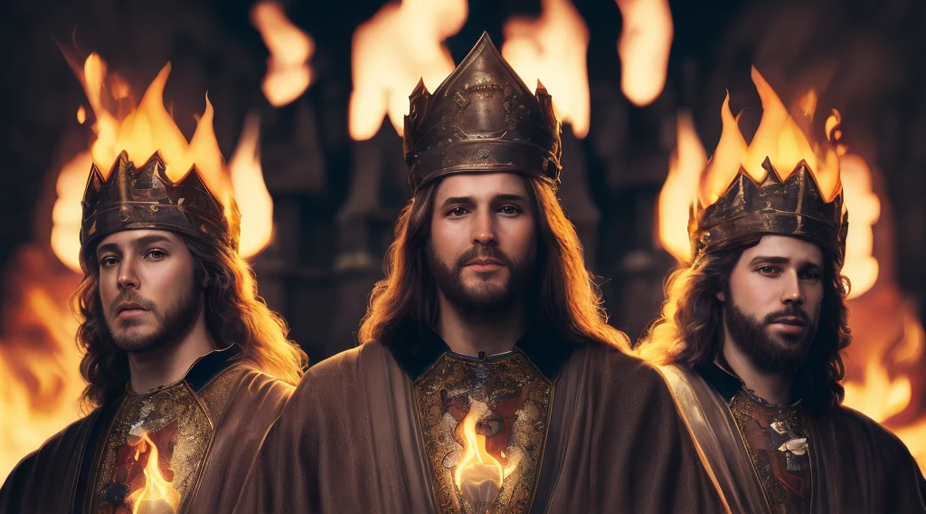 Image of the three young prophets Shadrach, Meshach and Abednego, (facial focus: 1.2), outside of it, Looking at the Viewer, realistic, master piece, very high quality, dark background of the castle, with flames of fire. (Lens flare: 1.1 ), (bloom:1.1), (chromatic aberration:1.1),