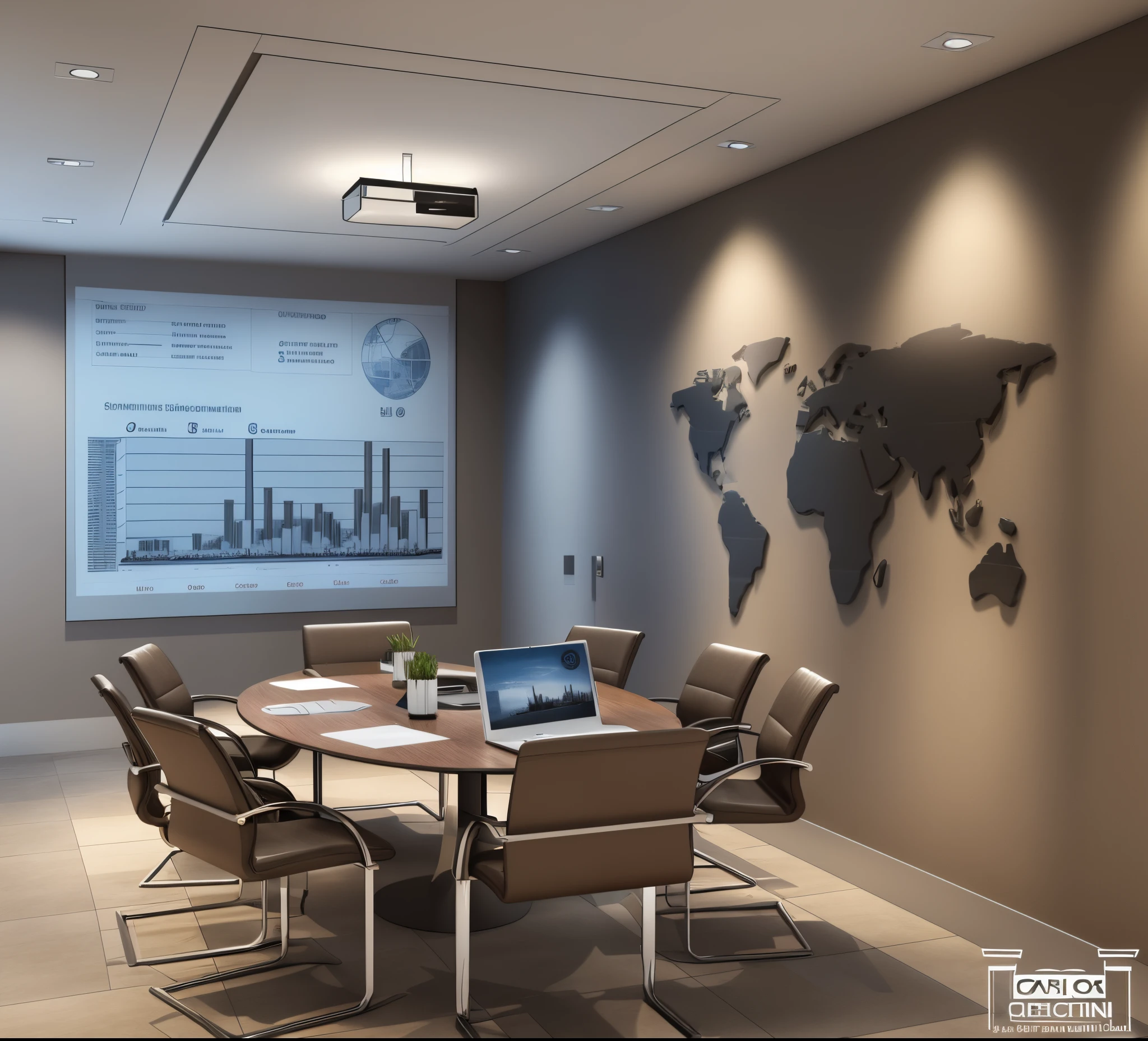 there is a conference room with a large screen and a laptop, in a meeting room, meeting room, advertising visualization, focus on map, office interior, with 3 d render, with 3d render, modern office, office room interior, cubical meeting room office, whiteboards, business meeting, offices, big tech corporate art design, digital walls