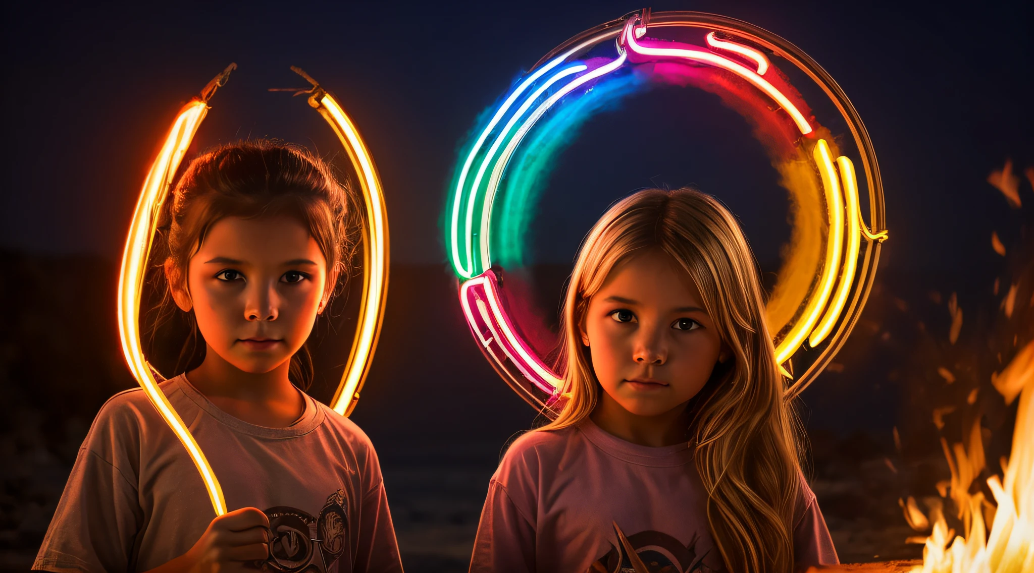 halo de NEON luminoso, there are two CHILDREN GIRLS WITH BLONDE HAIR in front of a ring of fire,