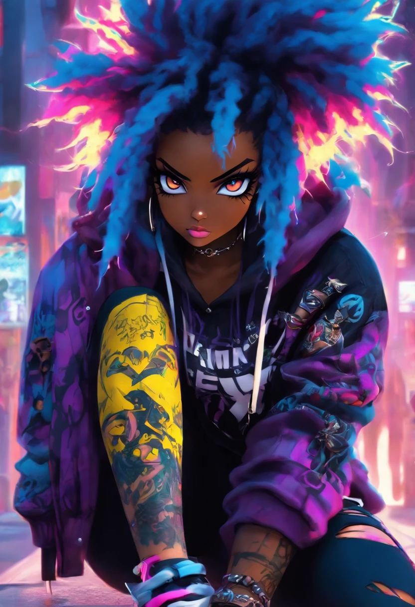 The most beautiful and sexy punk rock girl, black Afro, black and purple, blue hair, yellow eyes, dark skin, full body, wearing a hoodie, Graphic design jacket and torn skinny jeans, tons of tattoos and piercings, Perfect masterpiece, high quality, High resolution, big tits