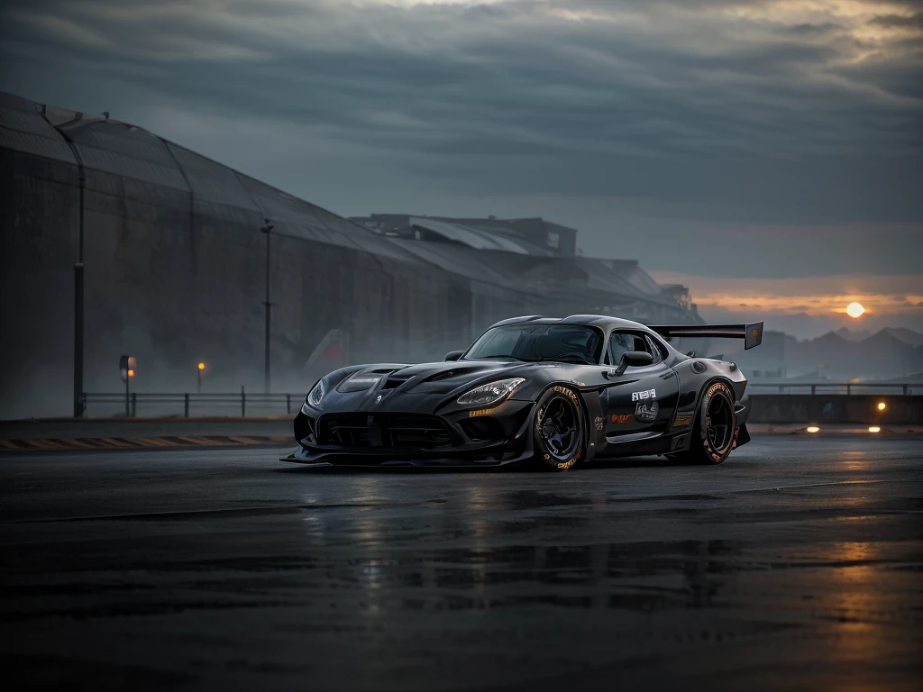 ((Dodge Viper GTS-R)), ((JonSibal design works Body Kit)), ((rear wing spoiler)), blacked out, front bumper splitters, side skirts, flared wheel arches, ((ominous looking)), (yellow racing alloy rims), ((lowered racing suspension)), high performance racing tyres, outdoors((gloomy sunset)) Wide angle lens, cgsociety, artstation, cgi, photorealistic, cinematic lighting, offset noise, ground shadows and reflections, 4k, inspired by dystopian cyberpunk, HDR studio light, {{supreme aerodynamics for maximum downforce}}, 3ds max, corona renderer, perfectly coloured, jaw dropping, sensational, menacing look, headlights on, ((parked on a bridge)), 4k wallpaper, ((dusk scene)), sunset, high spec automotive concept art, reflective ground shadows, symmetrical design, CGI, moody and atmospheric, trending on artstation, behance contest winner, cgsociety, imaginative design and craftmanship,