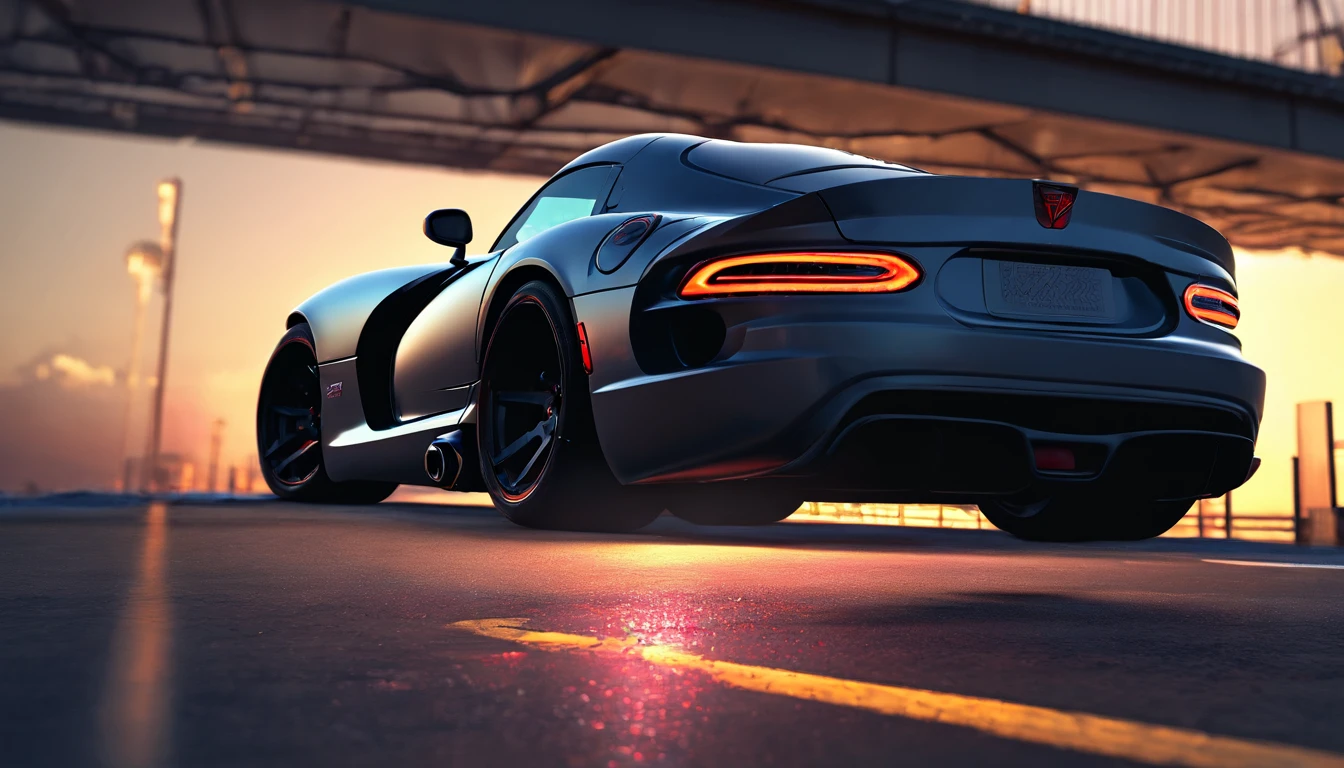 ((Dodge Viper GTS-R)), ((JonSibal design works Body Kit)), ((rear wing spoiler)), blacked out, front bumper splitters, side skirts, flared wheel arches, ((ominous looking)), (yellow racing alloy rims), ((lowered racing suspension)), high performance racing tyres, outdoors((gloomy sunset)) Wide angle lens, cgsociety, artstation, cgi, photorealistic, cinematic lighting, offset noise, ground shadows and reflections, 4k, inspired by dystopian cyberpunk, HDR studio light, {{supreme aerodynamics for maximum downforce}}, 3ds max, corona renderer, perfectly coloured, jaw dropping, sensational, menacing look, headlights on, ((parked on a bridge)), 4k wallpaper, ((dusk scene)), sunset, high spec automotive concept art, reflective ground shadows, symmetrical design, CGI, moody and atmospheric, trending on artstation, behance contest winner, cgsociety, imaginative design and craftmanship,
