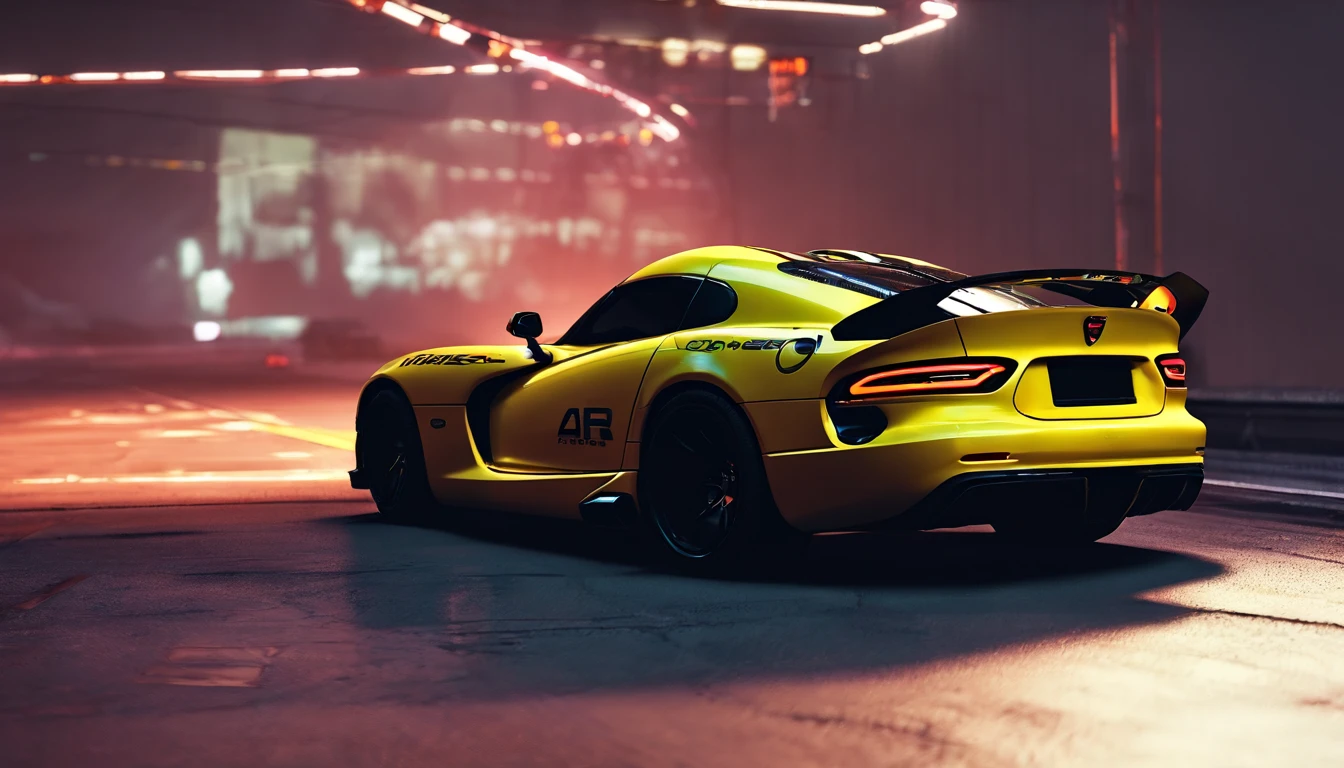 ((Dodge Viper GTS-R)), ((JonSibal design works Body Kit)), ((rear wing spoiler)), blacked out, front bumper splitters, side skirts, flared wheel arches, ((ominous looking)), (yellow racing alloy rims), ((lowered racing suspension)), high performance racing tyres, outdoors((gloomy sunset)) Wide angle lens, cgsociety, artstation, cgi, photorealistic, cinematic lighting, offset noise, ground shadows and reflections, 4k, inspired by dystopian cyberpunk, HDR studio light, {{supreme aerodynamics for maximum downforce}}, 3ds max, corona renderer, perfectly coloured, jaw dropping, sensational, menacing look, headlights on, ((parked on a bridge)), 4k wallpaper, ((dusk scene)), sunset, high spec automotive concept art, reflective ground shadows, symmetrical design, CGI, moody and atmospheric, trending on artstation, behance contest winner, cgsociety, imaginative design and craftmanship,