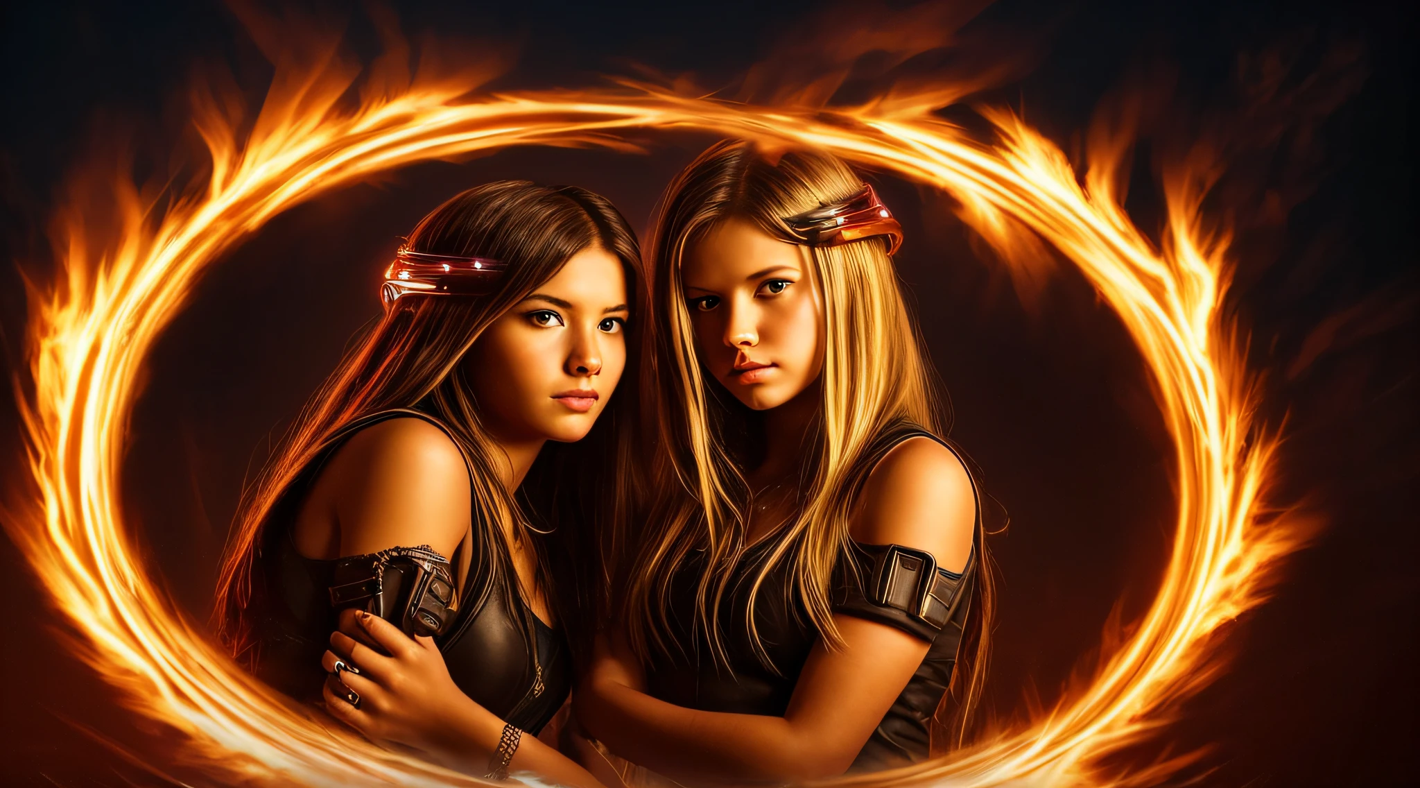 halo de NEON luminoso, there are two CHILDREN GIRLS WITH BLONDE HAIR in front of a ring of fire,