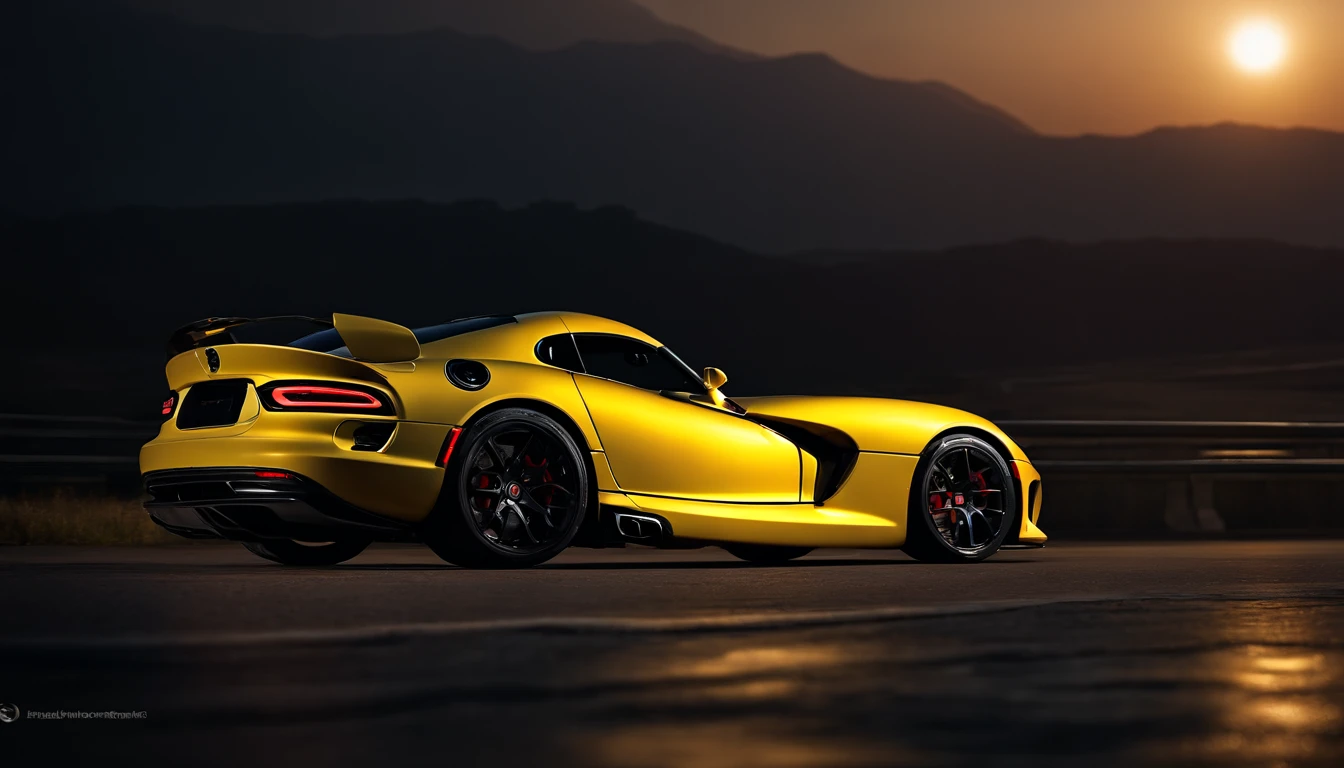 ((Dodge Viper GTS-R)), ((JonSibal design works Body Kit)), ((rear wing spoiler)), blacked out, front bumper splitters, side skirts, flared wheel arches, ((ominous looking)), (yellow racing alloy rims), ((lowered racing suspension)), high performance racing tyres, outdoors((gloomy sunset)) Wide angle lens, cgsociety, artstation, cgi, photorealistic, cinematic lighting, offset noise, ground shadows and reflections, 4k, inspired by dystopian cyberpunk, HDR studio light, {{supreme aerodynamics for maximum downforce}}, 3ds max, corona renderer, perfectly coloured, jaw dropping, sensational, menacing look, headlights on, ((parked on a bridge)), 4k wallpaper, ((dusk scene)), sunset, high spec automotive concept art, reflective ground shadows, symmetrical design, CGI, moody and atmospheric, trending on artstation, behance contest winner, cgsociety, imaginative design and craftmanship,