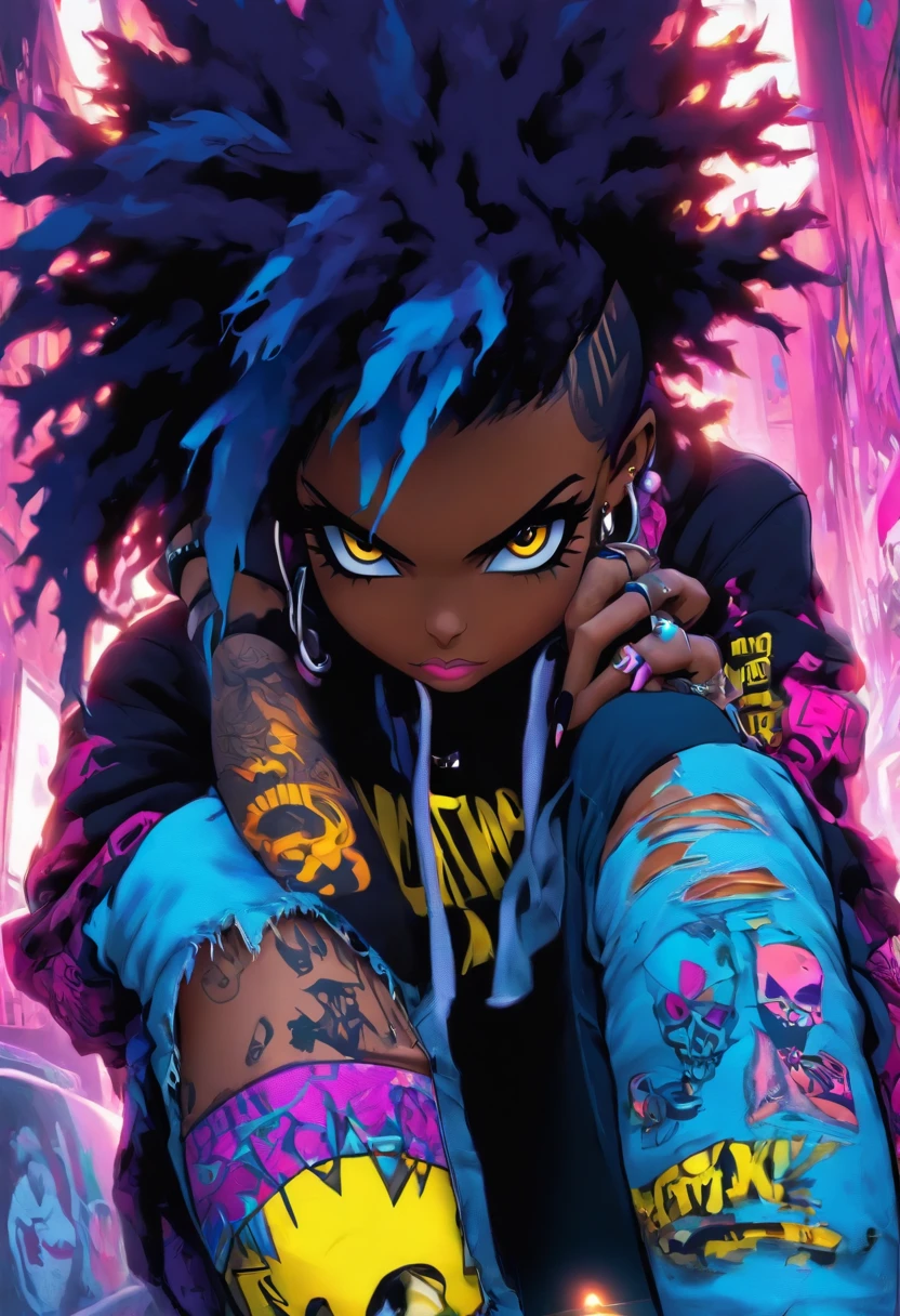 The most beautiful and sexy punk rock girl, black Afro, black and purple, blue hair, yellow eyes, dark skin, full body, wearing a hoodie, Graphic design jacket and torn skinny jeans, tons of tattoos and piercings, Perfect masterpiece, high quality, High resolution, big tits