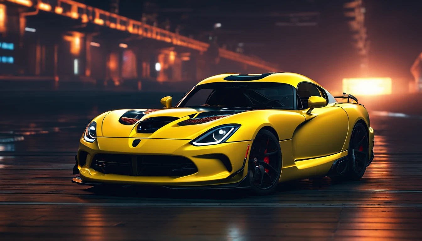 ((Dodge Viper GTS-R)), ((JonSibal design works Body Kit)), ((rear wing spoiler)), blacked out, front bumper splitters, side skirts, flared wheel arches, ((ominous looking)), (yellow racing alloy rims), ((lowered racing suspension)), high performance racing tyres, outdoors((gloomy sunset)) Wide angle lens, cgsociety, artstation, cgi, photorealistic, cinematic lighting, offset noise, ground shadows and reflections, 4k, inspired by dystopian cyberpunk, HDR studio light, {{supreme aerodynamics for maximum downforce}}, 3ds max, corona renderer, perfectly coloured, jaw dropping, sensational, menacing look, headlights on, ((parked on a bridge)), 4k wallpaper, ((dusk scene)), sunset, high spec automotive concept art, reflective ground shadows, symmetrical design, CGI, moody and atmospheric, trending on artstation, behance contest winner, cgsociety, imaginative design and craftmanship,