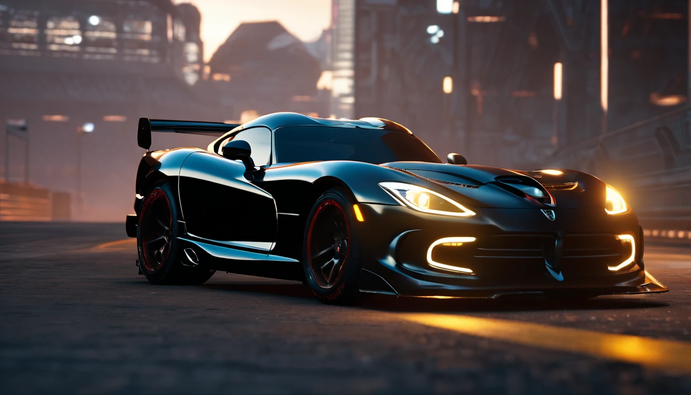 ((Dodge Viper GTS-R)), ((JonSibal design works Body Kit)), ((rear wing spoiler)), blacked out, front bumper splitters, side skirts, flared wheel arches, ((ominous looking)), (yellow racing alloy rims), ((lowered racing suspension)), high performance racing tyres, outdoors((gloomy sunset)) Wide angle lens, cgsociety, artstation, cgi, photorealistic, cinematic lighting, offset noise, ground shadows and reflections, 4k, inspired by dystopian cyberpunk, HDR studio light, {{supreme aerodynamics for maximum downforce}}, 3ds max, corona renderer, perfectly coloured, jaw dropping, sensational, menacing look, headlights on, ((parked on a bridge)), 4k wallpaper, ((dusk scene)), sunset, high spec automotive concept art, reflective ground shadows, symmetrical design, CGI, moody and atmospheric, trending on artstation, behance contest winner, cgsociety, imaginative design and craftmanship,