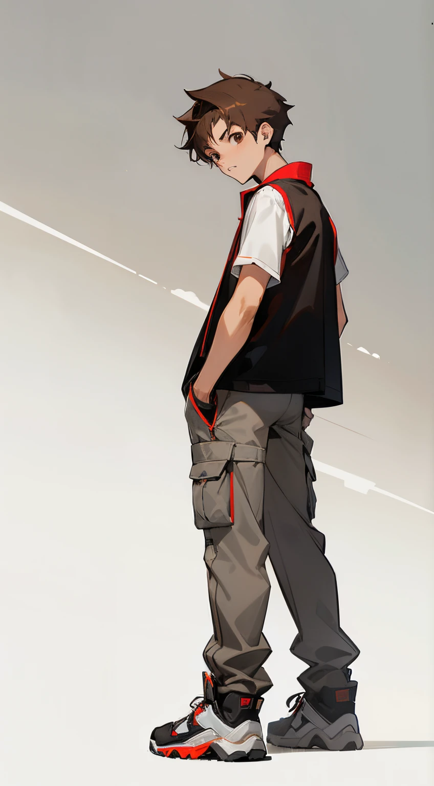 a young male teenager looking back, jaqueta preta e vermelha sem mangas, camiseta branca, gray cargo pants, white sports sneakers, brown hair, olhos castanhos, estilo anime, 4k, fundo branco, corpo inteiro, de costas