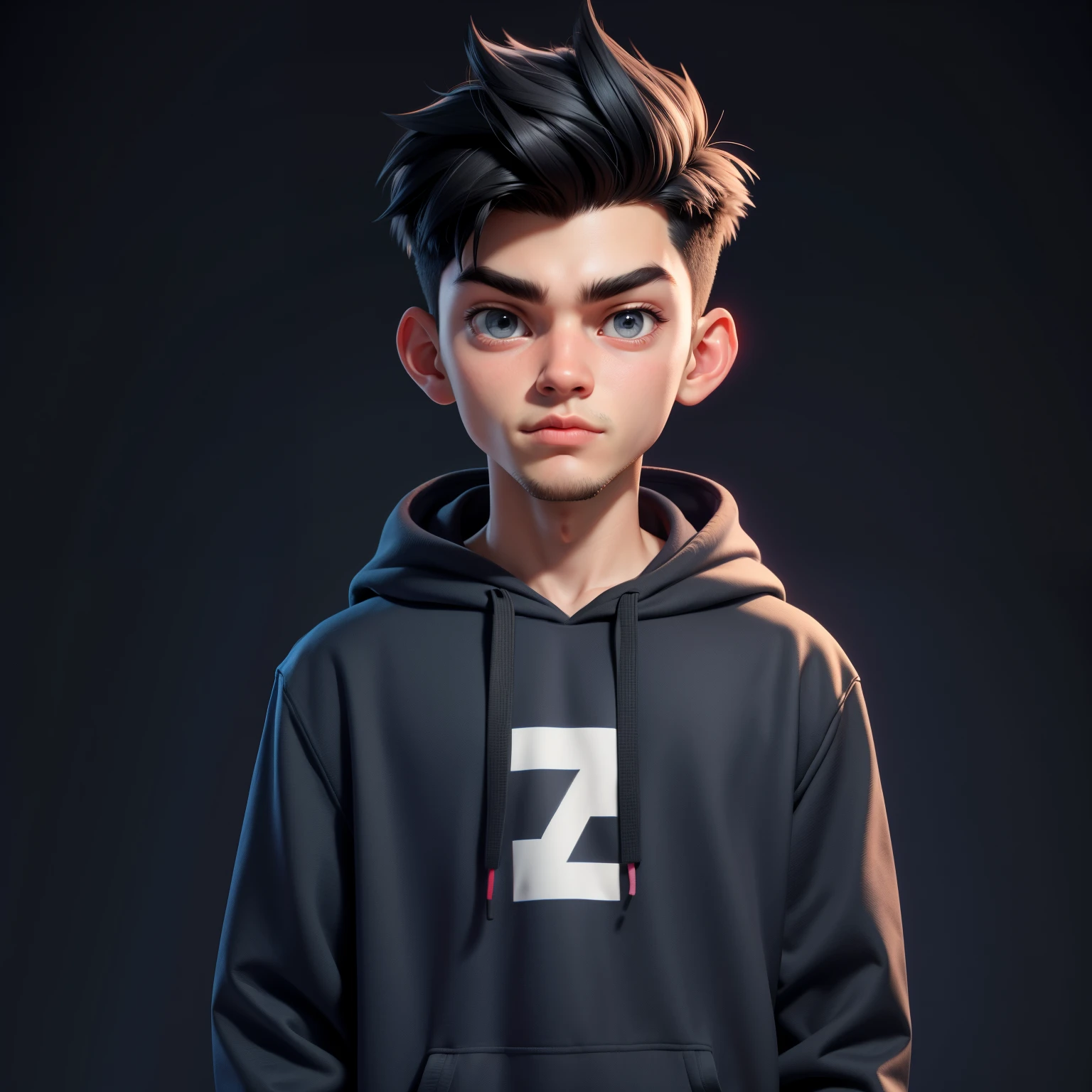 Young Man wearing a Graphic Hoodie, Facing the camera, Cartoon style, 8k. Dark gray background