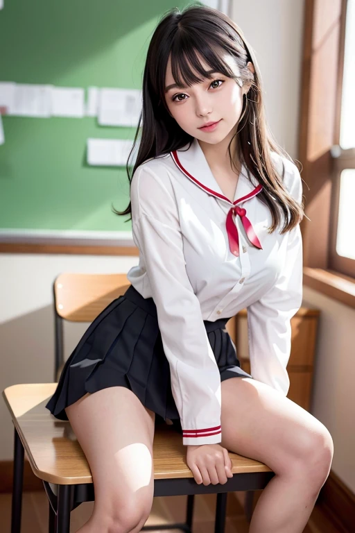 (ighly detailed、Unity、8K Wallpapers)、(extremely delicate and beautiful)、(​masterpiece)、(top-quality:1.0)、(超A high resolution:1.0)、beautiful  lighting、perfect lightning bolt、realistic shadow、[hight resolution]、Detailed skin、ultra-detailliert、detailed faces and eyes、Realistic eyes、Sharp pupils、Colossal tits、cowboy  shot, Inside the classroom、Schools、Evening glow、beauitful face、blurry backround、16-year-old beautiful girl、shinny skin、Side Up、Beautiful black hair、Blunt bangs、Red Eye、(Katyusha:1.2)、a sailor suit、Pleated miniskirt、Curve、Sitting on a desk、(Opening legs、You can see light panties.:1.2)、Gentle smile、