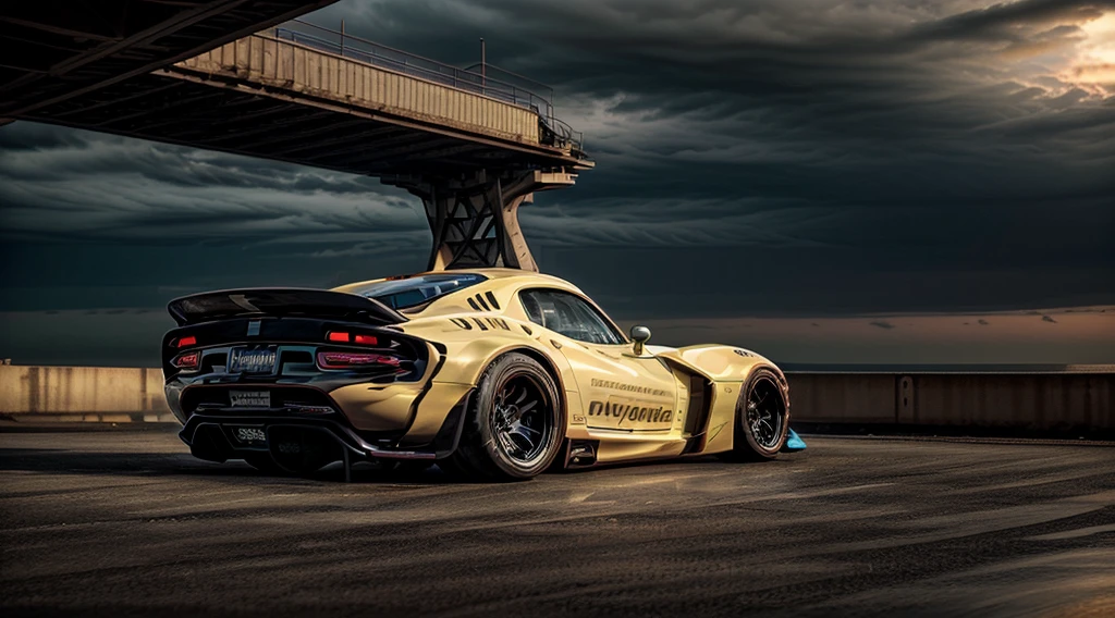 ((Dodge Viper GTS-R)), ((JonSibal design works Body Kit)), ((rear wing spoiler)), blacked out, front bumper splitters, side skirts, flared wheel arches, ((ominous looking)), (yellow racing alloy rims), ((lowered racing suspension)), high performance racing tyres, outdoors((gloomy sunset)) Wide angle lens, cgsociety, artstation, cgi, photorealistic, cinematic lighting, offset noise, ground shadows and reflections, 4k, inspired by dystopian cyberpunk, HDR studio light, {{supreme aerodynamics for maximum downforce}}, 3ds max, corona renderer, perfectly coloured, jaw dropping, sensational, menacing look, headlights on, ((parked on a bridge)), 4k wallpaper, ((dusk scene)), sunset, high spec automotive concept art, reflective ground shadows, symmetrical design, CGI, moody and atmospheric, trending on artstation, behance contest winner, cgsociety, imaginative design and craftmanship,