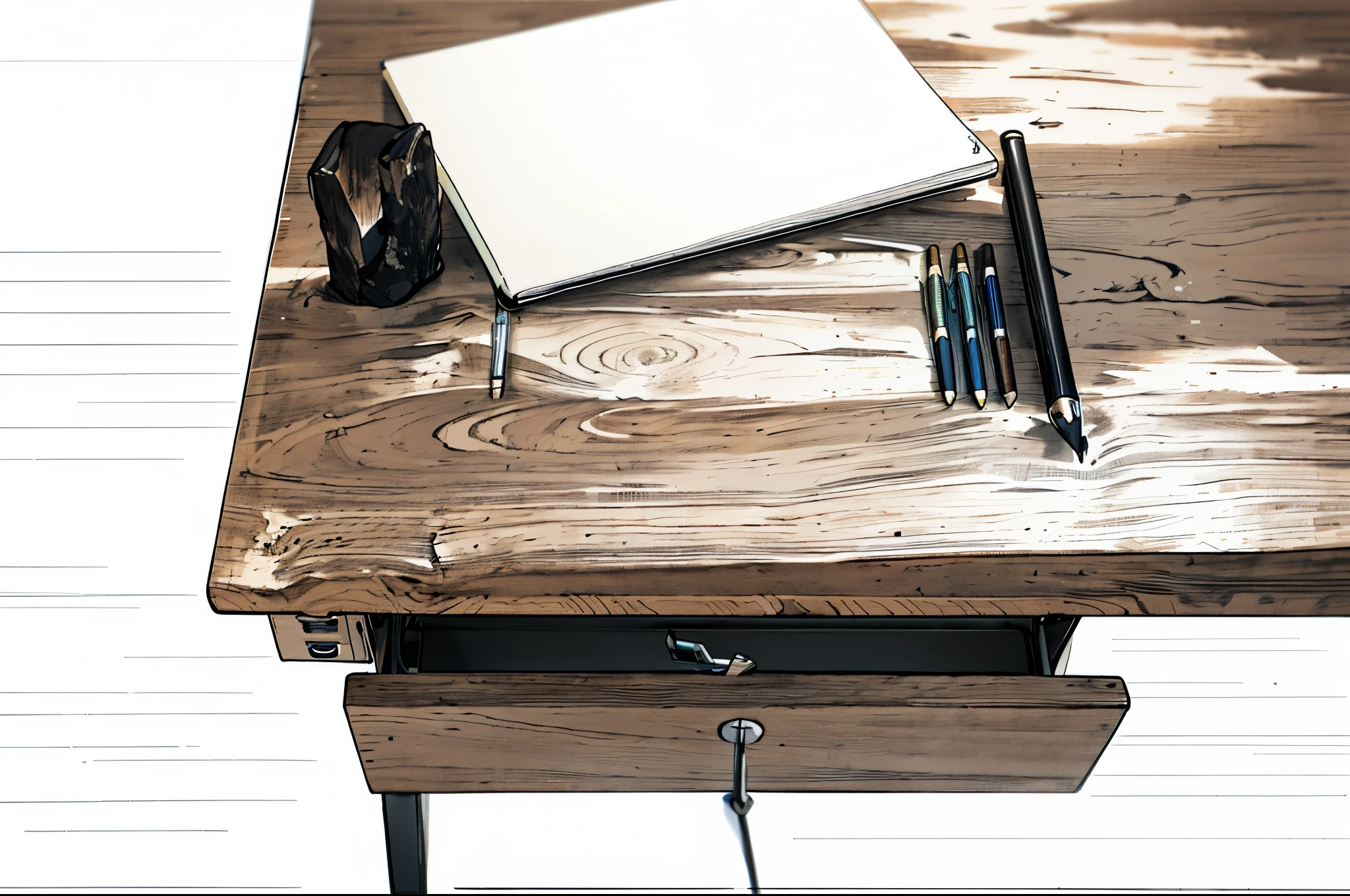 there is a wooden desk with a black book and pen on it, minimalist desk, desks, big desk, desk, wooden desks with books, gaming table, high angle close up shot, natural wood top, detailed wooden table, product design shot, on desk, minimalist furniture, with detailed wood, on a desk, grain”, extremely-detailed, minimalist home office