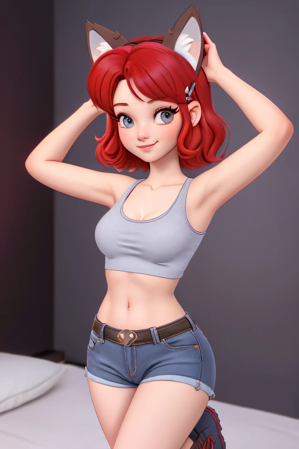 close up 1girl in, ager, Solo, vibrant red hair, straight red hair, short red hair, light gray eyes, some small freckles, pale skin, medium breasts, cleavage, runners body, (thin hips, thin waist: 1.25), (arched back:1.12), detailed skin, neutral face, mischievous smile, revealing clothes, (wearing cropped tank top, blue jean shorts ripped, hair clip: 1.1), (goofing off, jumping on bed: 1.22), (dark fox ears:1.25), (detailed relaxing bed room background:1.1), on a bed, relaxing, 4k textures, soft light, elegant, highly detailed, sharp focus, soothing tones, insane details, intricate details, hyperdetailed, low contrast, exposure blend, hdr, faded