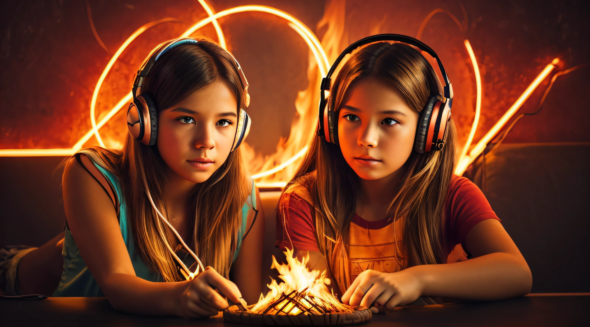 halo de NEON luminoso, there are two CHILDREN GIRLS WITH BLONDE HAIR HEADPHONE in front of a ring of fire,