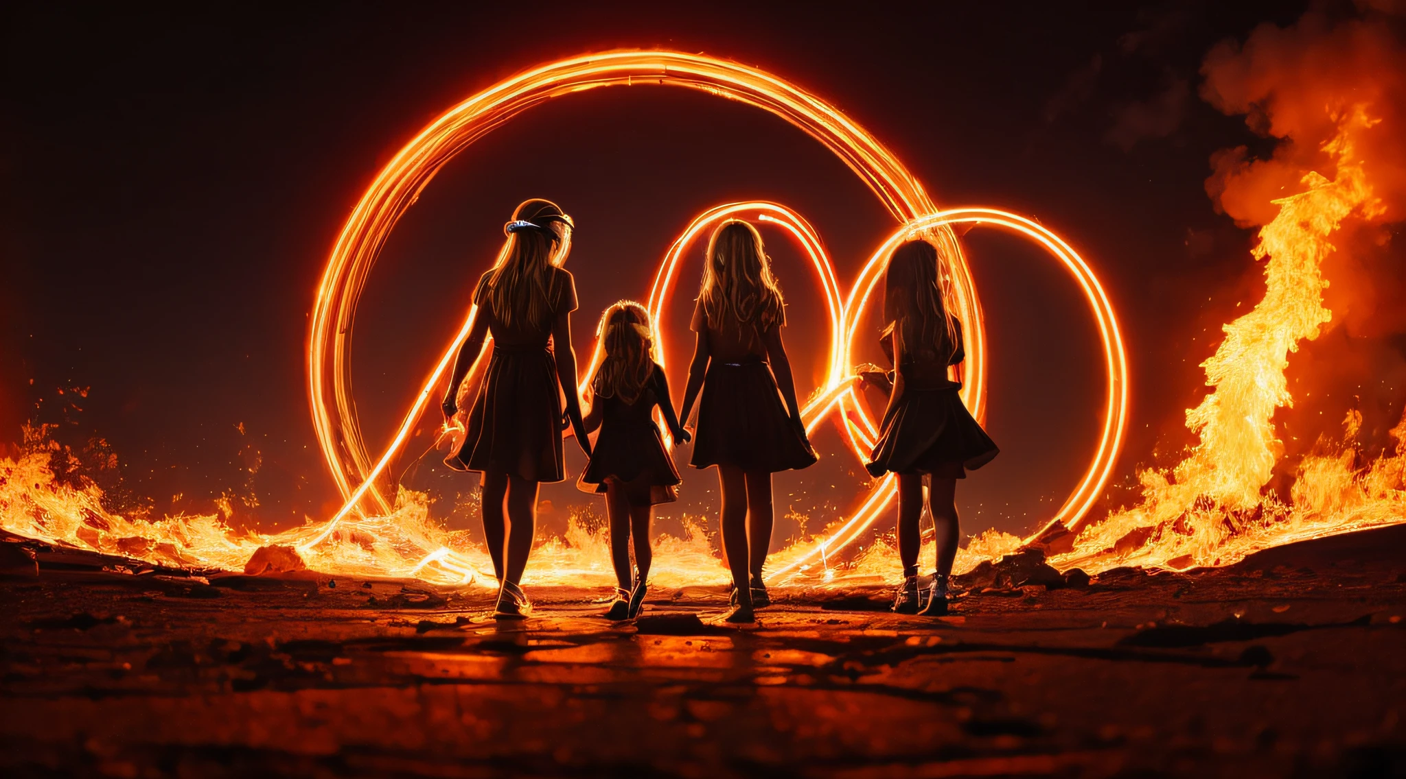 halo de NEON luminoso, there are two CHILDREN GIRLS WITH BLONDE HAIR HEADPHONE in front of a ring of fire,