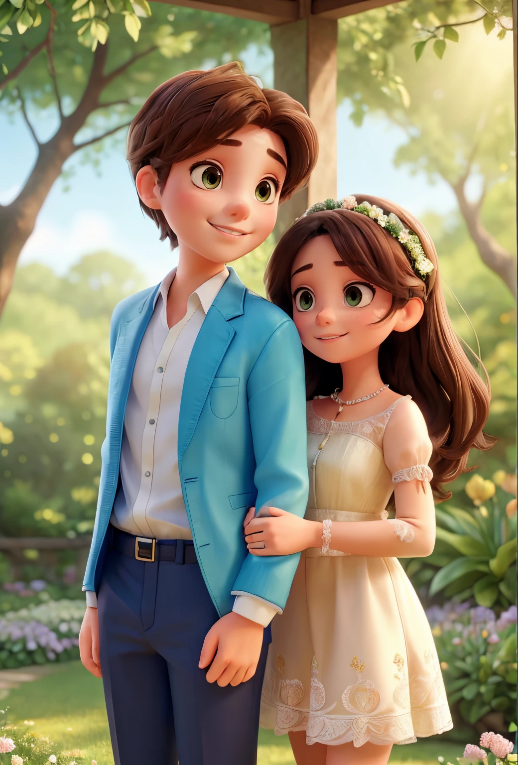 A couple embracing in a beautiful garden, surrounded by blooming flowers and lush greenery, with the soft sunlight filtering through the trees. The girl is wearing a flowing, ethereal dress, and the boy is in a tailored suit. Their eyes meet lovingly. The girl's eyes are captivating, with intricate details that highlight their beauty. Her lips are also beautifully detailed, with a subtle hint of a smile. The scene is captured in exquisite detail using a realistic painting medium, with ultra-detailed brushstrokes and vivid colors. The image is of the best quality, with a resolution of 4k or higher, showcasing every nuance and texture. The lighting is natural and dreamy, creating a romantic atmosphere. The overall color palette is soft and warm, with a touch of pastel tones. This prompt aims to depict a romantic and intimate moment between two people, expressing the feelings of love and connection.