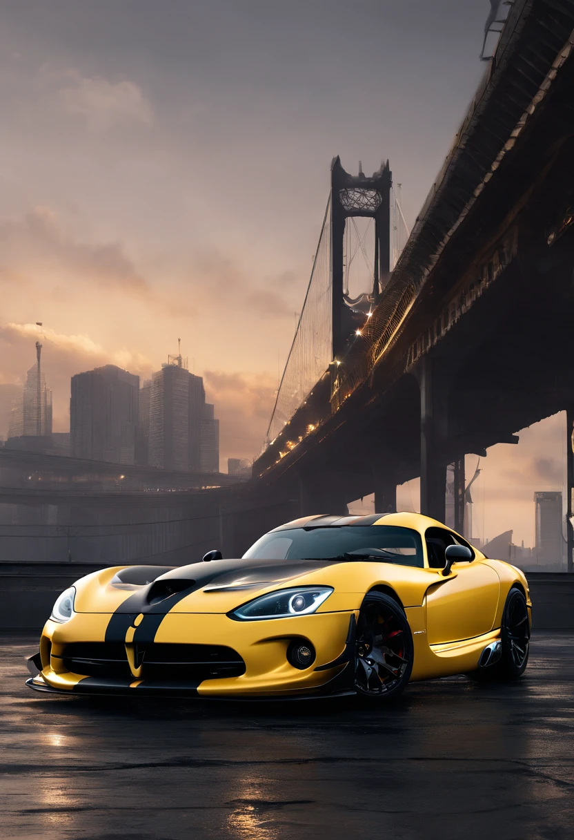 ((Dodge Viper GTS-R)), ((JonSibal design works Body Kit)), ((rear wing spoiler)), blacked out, front bumper splitters, side skirts, flared wheel arches, ((ominous looking)), (yellow racing alloy rims), ((lowered racing suspension)), high performance racing tyres, outdoors((gloomy sunset)) Wide angle lens, cgsociety, artstation, cgi, photorealistic, cinematic lighting, offset noise, ground shadows and reflections, 4k, inspired by dystopian cyberpunk, HDR studio light, {{supreme aerodynamics for maximum downforce}}, 3ds max, corona renderer, perfectly coloured, jaw dropping, sensational, menacing look, headlights on, ((parked on a bridge)), 4k wallpaper, ((dusk scene)), sunset, high spec automotive concept art, reflective ground shadows, symmetrical design, CGI, moody and atmospheric, trending on artstation, behance contest winner, cgsociety, imaginative design and craftmanship,