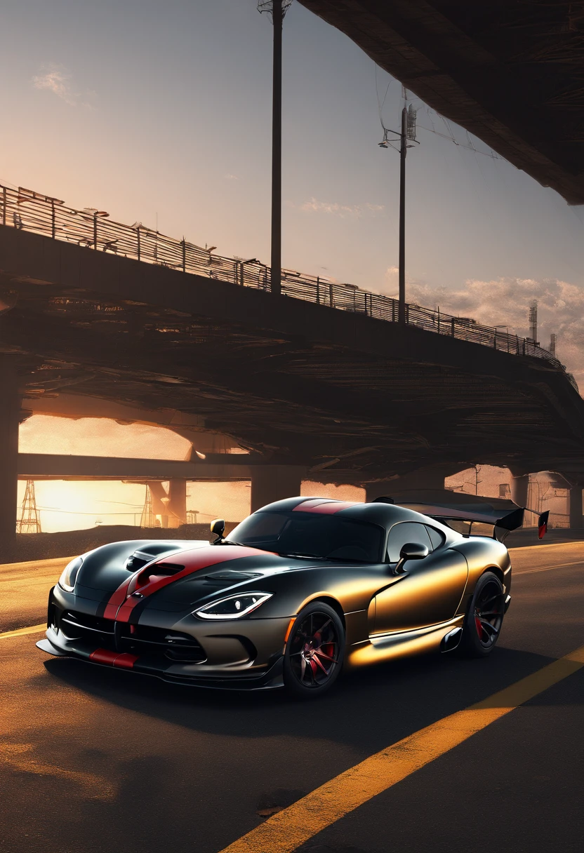((Dodge Viper GTS-R)), ((JonSibal design works Body Kit)), ((rear wing spoiler)), blacked out, front bumper splitters, side skirts, flared wheel arches, ((ominous looking)), (yellow racing alloy rims), ((lowered racing suspension)), high performance racing tyres, outdoors((gloomy sunset)) Wide angle lens, cgsociety, artstation, cgi, photorealistic, cinematic lighting, offset noise, ground shadows and reflections, 4k, inspired by dystopian cyberpunk, HDR studio light, {{supreme aerodynamics for maximum downforce}}, 3ds max, corona renderer, perfectly coloured, jaw dropping, sensational, menacing look, headlights on, ((parked on a bridge)), 4k wallpaper, ((dusk scene)), sunset, high spec automotive concept art, reflective ground shadows, symmetrical design, CGI, moody and atmospheric, trending on artstation, behance contest winner, cgsociety, imaginative design and craftmanship,
