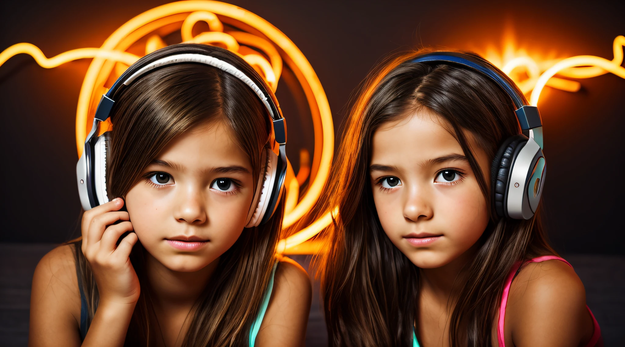 halo de NEON luminoso, there are two CHILDREN GIRLS WITH BLONDE HAIR HEADPHONE in front of a ring of fire,