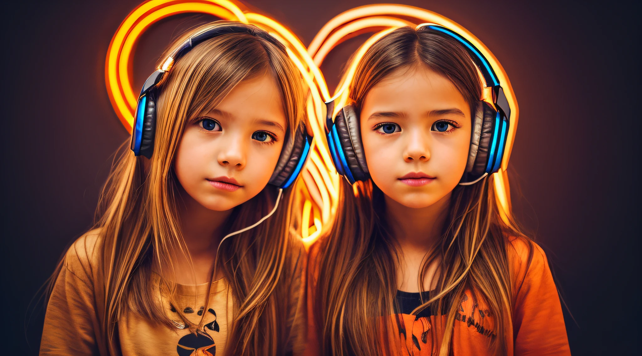 halo de NEON luminoso, there are two CHILDREN GIRLS WITH BLONDE HAIR HEADPHONE in front of a ring of fire,