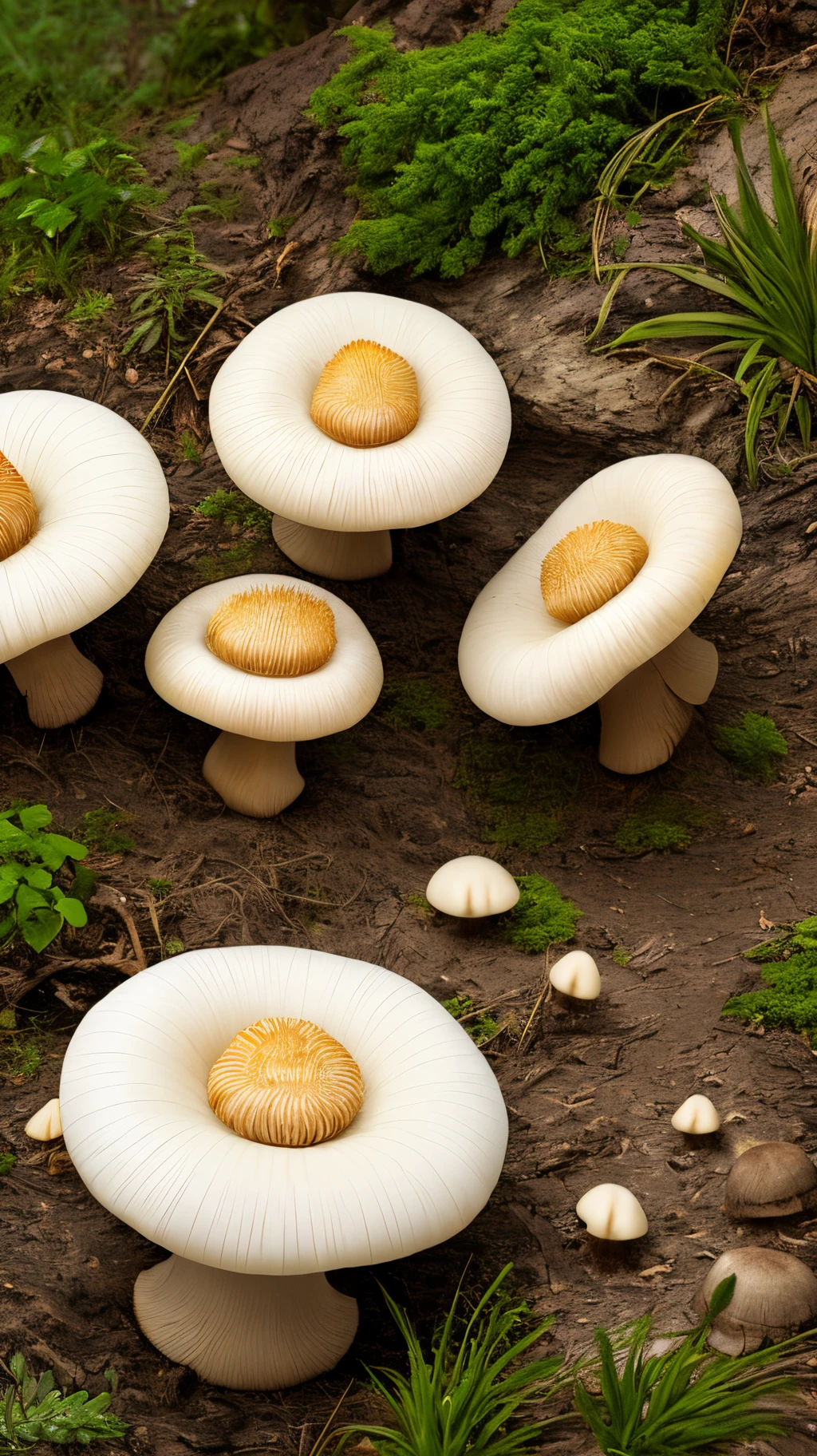 Generate an image of Lion's Mane mushrooms in a natural setting. Emphasize their unique appearance and texture.