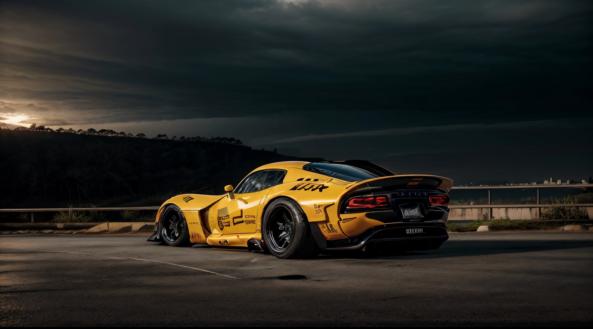 ((Dodge Viper GTS-R)), ((JonSibal design works Body Kit)), ((rear wing spoiler)), blacked out, front bumper splitters, side skirts, flared wheel arches, ((ominous looking)), (yellow racing alloy rims), ((lowered racing suspension)), high performance racing tyres, outdoors((gloomy sunset)) Wide angle lens, cgsociety, artstation, cgi, photorealistic, cinematic lighting, offset noise, ground shadows and reflections, 4k, inspired by dystopian cyberpunk, HDR studio light, {{supreme aerodynamics for maximum downforce}}, 3ds max, corona renderer, perfectly coloured, jaw dropping, sensational, menacing look, headlights on, ((parked on a bridge)), 4k wallpaper, ((dusk scene)), sunset, high spec automotive concept art, reflective ground shadows, symmetrical design, CGI, moody and atmospheric, trending on artstation, behance contest winner, cgsociety, imaginative design and craftmanship,