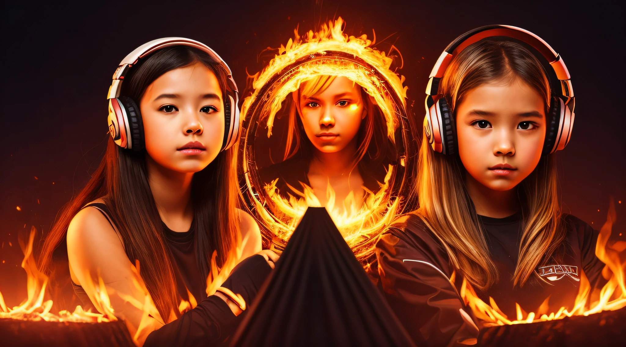 halo de NEON luminoso, there are two CHILDREN GIRLS WITH BLONDE HAIR HEADPHONE in front of a ring of fire,