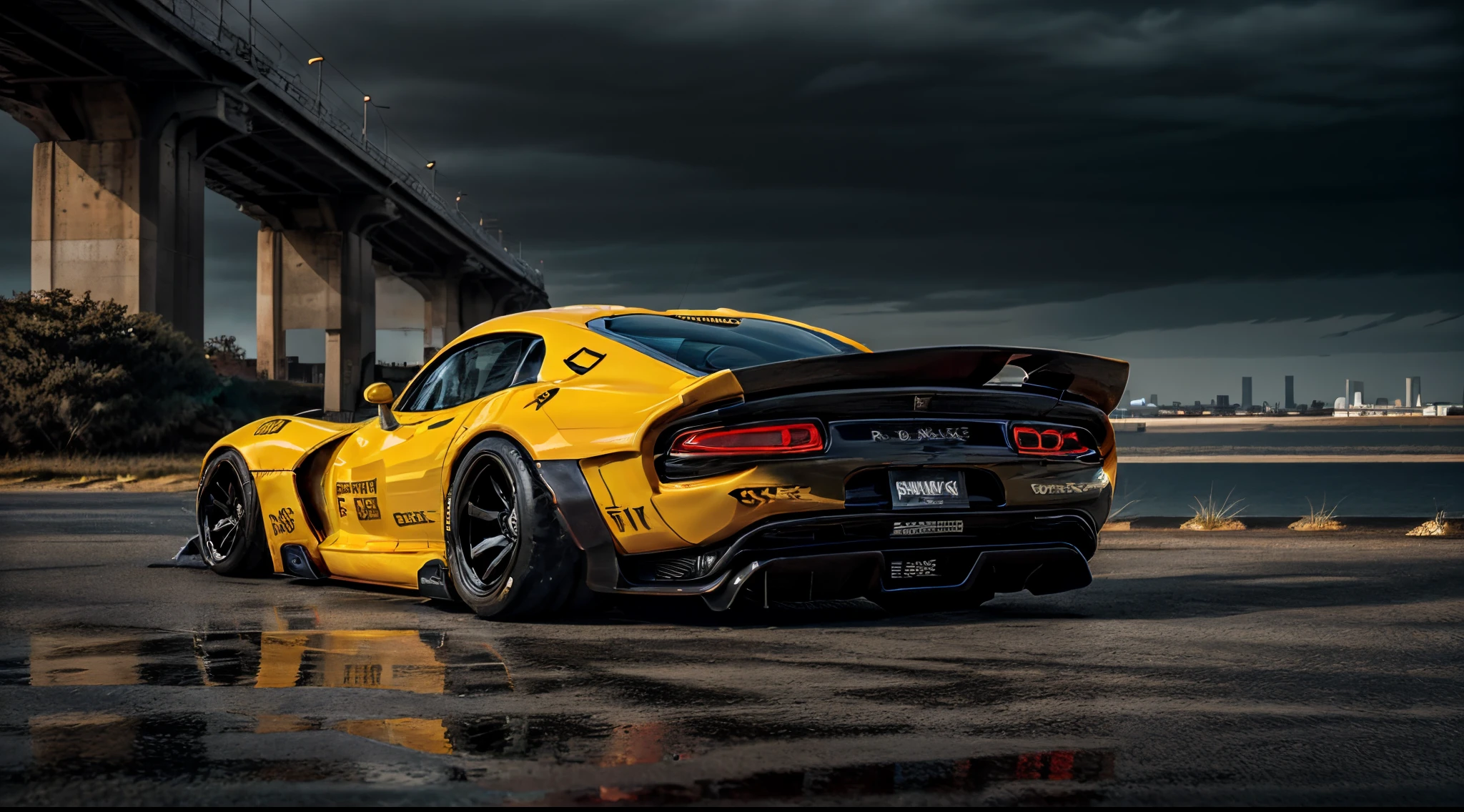 ((Dodge Viper GTS-R)), ((JonSibal design works Body Kit)), ((rear wing spoiler)), blacked out, front bumper splitters, side skirts, flared wheel arches, ((ominous looking)), (yellow racing alloy rims), ((lowered racing suspension)), high performance racing tyres, outdoors((gloomy sunset)) Wide angle lens, cgsociety, artstation, cgi, photorealistic, cinematic lighting, offset noise, ground shadows and reflections, 4k, inspired by dystopian cyberpunk, HDR studio light, {{supreme aerodynamics for maximum downforce}}, 3ds max, corona renderer, perfectly coloured, jaw dropping, sensational, menacing look, headlights on, ((parked on a bridge)), 4k wallpaper, ((dusk scene)), sunset, high spec automotive concept art, reflective ground shadows, symmetrical design, CGI, moody and atmospheric, trending on artstation, behance contest winner, cgsociety, imaginative design and craftmanship,