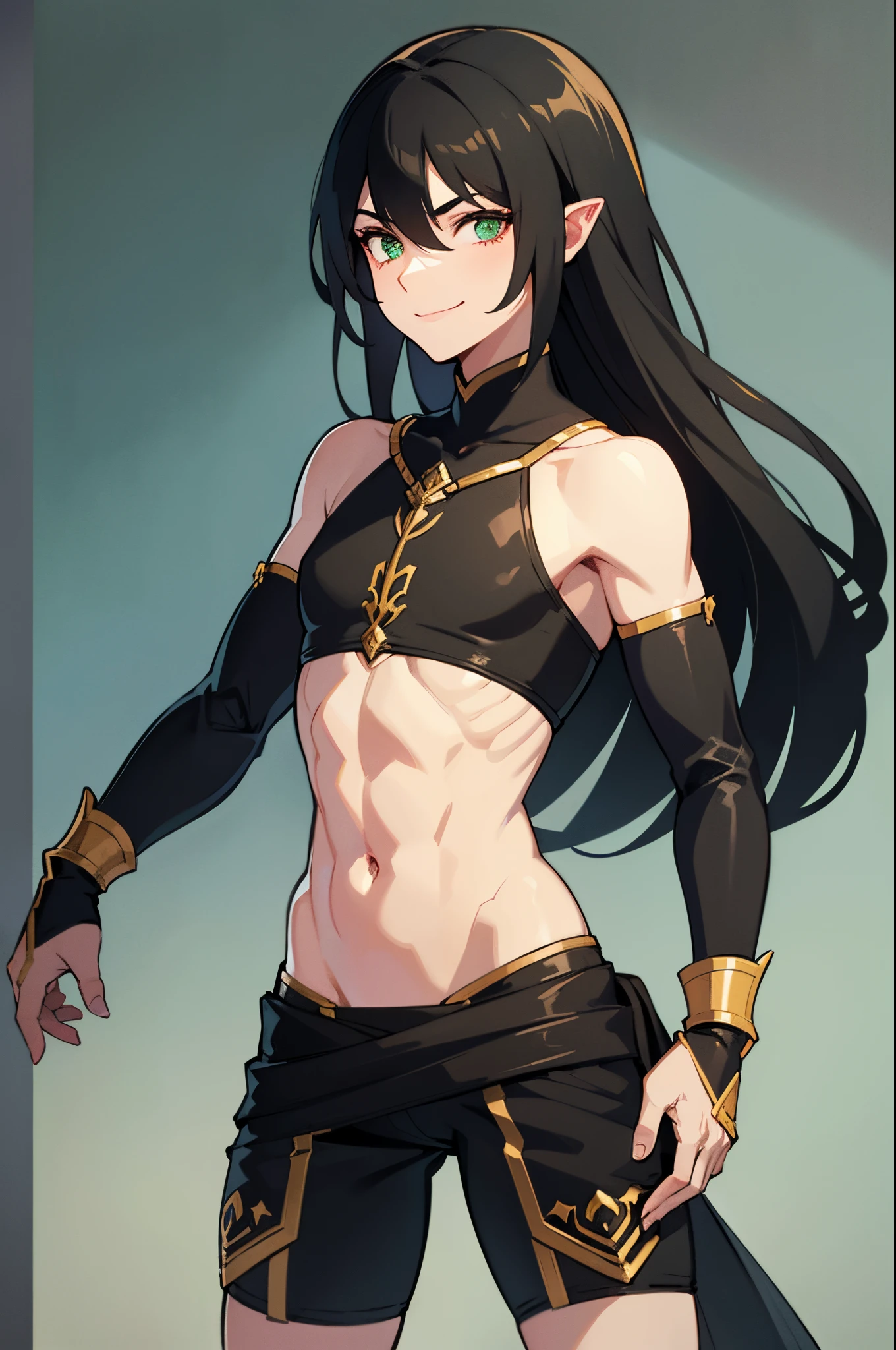 Black long hair, green eyes, dnd male halfling, slim, androgynous, light armor, full body portrait, flat chest, defined muscle, smiling, bird on hand, nsfw