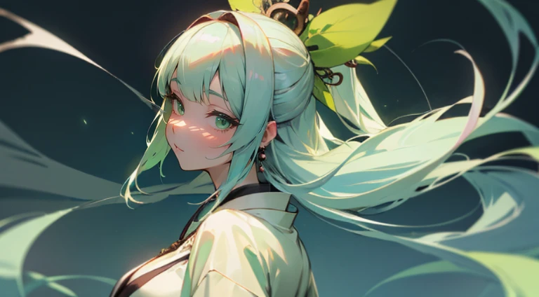 Highly detailed A Japanese style a beauty girl silber hair samurais light green kimono Blue hair fastening Green eyes huge tit fumo Looks Back