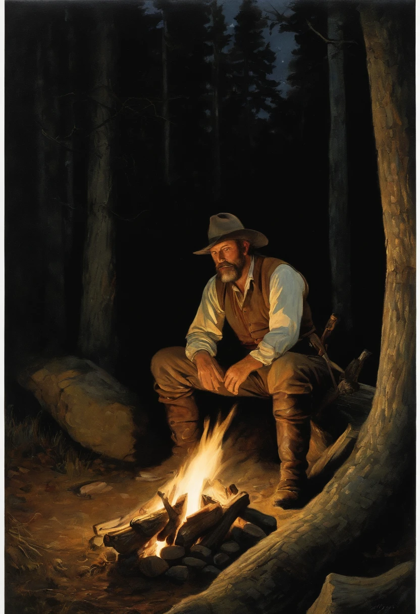 A single early American frontiersman sitting in a clearing in the forest, beside a primitive fire. A pot of coffee sitting on a rock by the fire. Food cooking above the fire. Night scene. campfire glow, dramatic lighting, stars in the sky, clearing in the forest. Painted in the style of N. C. Wyeth.