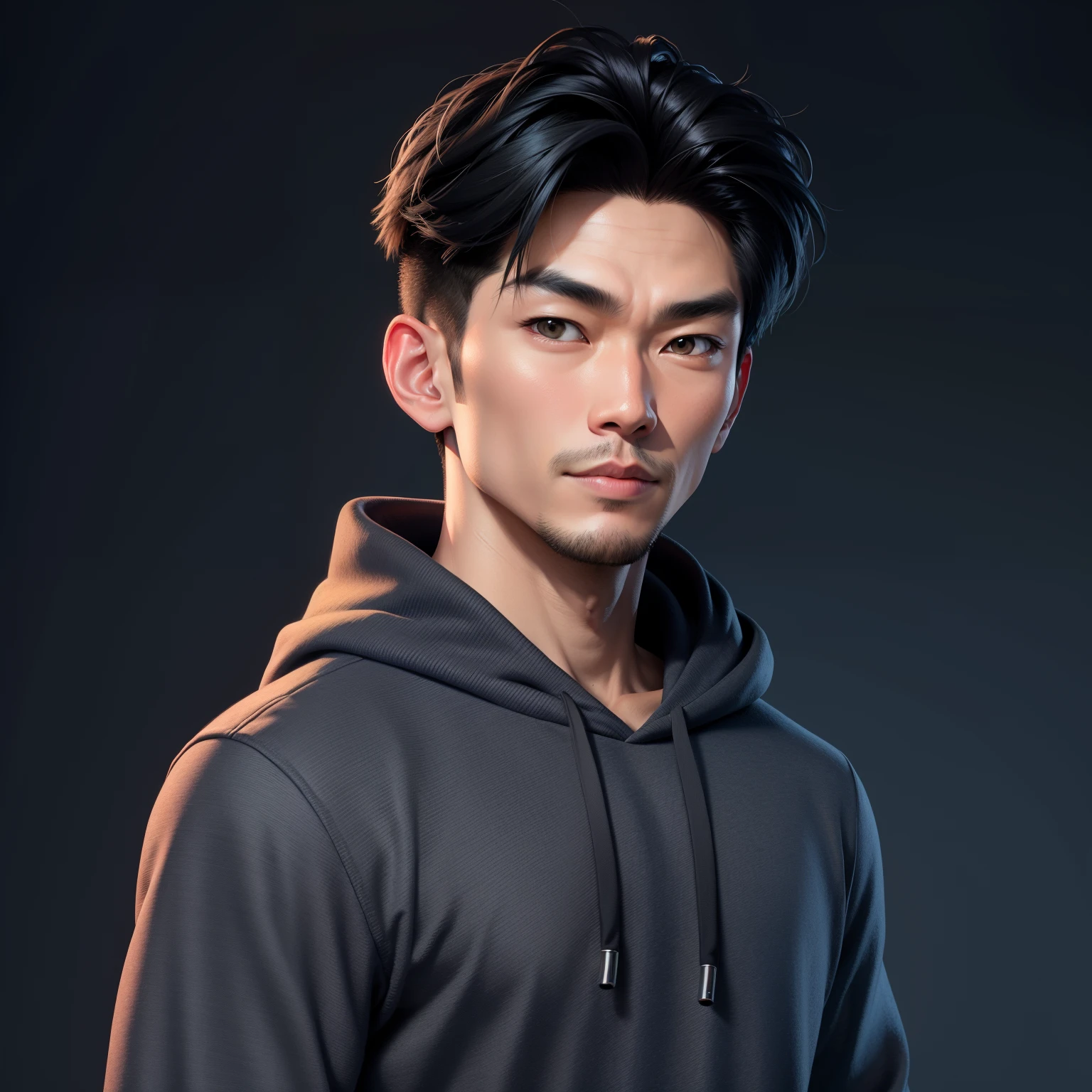 A Handsome Asian Man wearing a Graphic Hoodie, Facing the camera, Cartoon style, 8k. Dark gray background