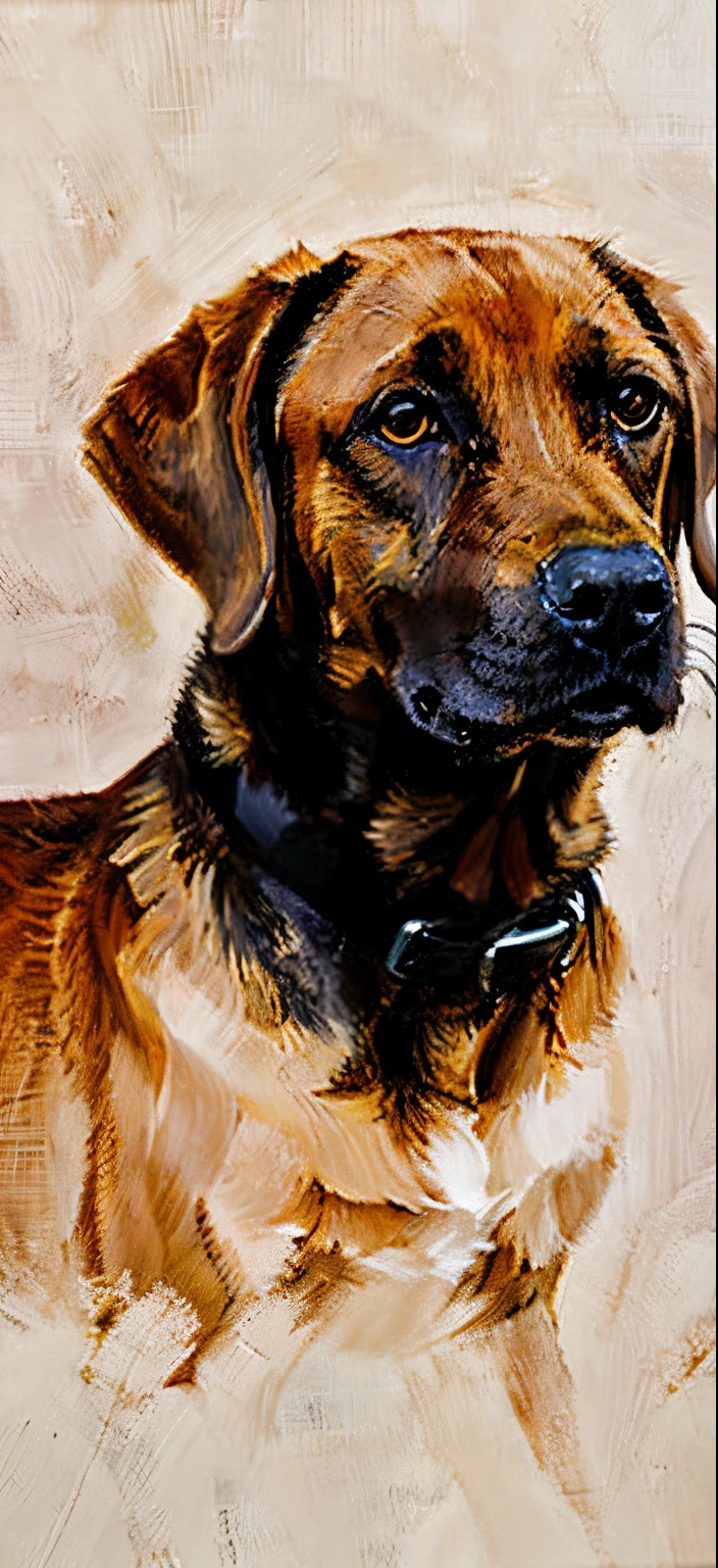 A oil painting portrait of a tan English Labrador but it has a black muzzle, black around the eyes, and black tipped ears in an angled position