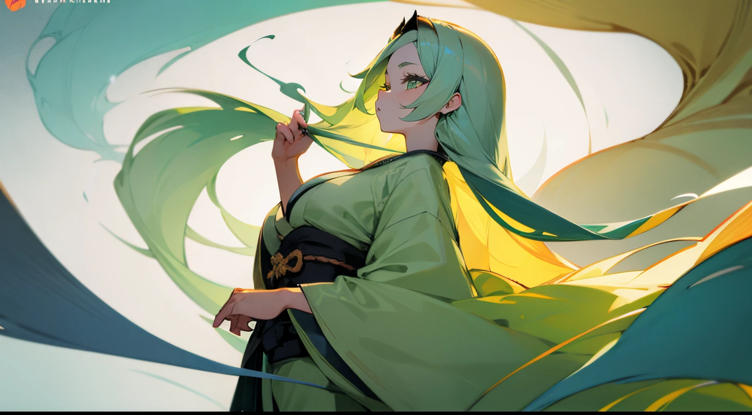 Highly detailed A Japanese style a beauty girl long blonde hair samurais pale green kimono Blue hair fastening Green eyes huge tit Looks Back smoke