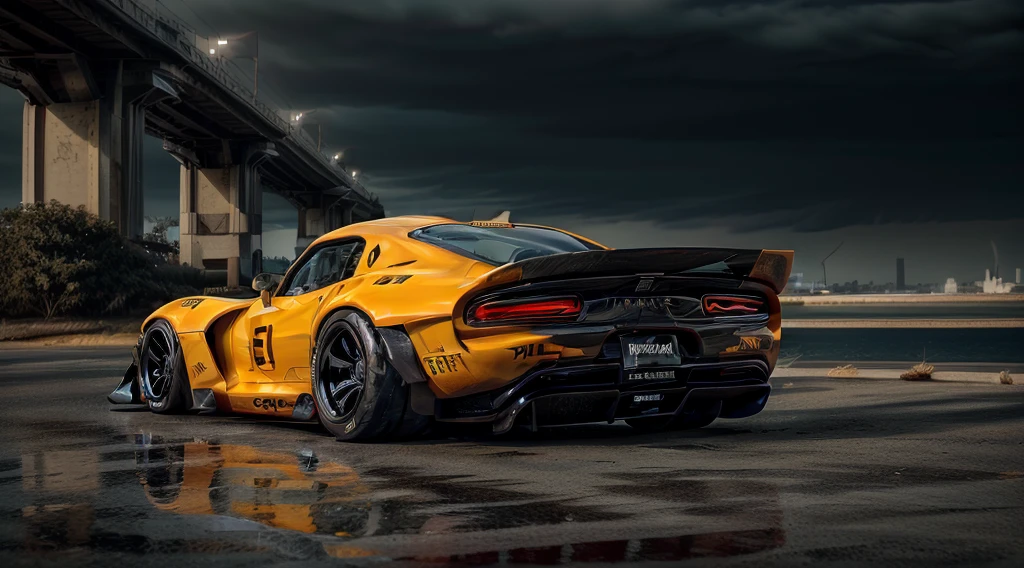 ((Dodge Viper GTS-R)), ((JonSibal design works Body Kit)), ((rear wing spoiler)), blacked out, front bumper splitters, side skirts, flared wheel arches, ((ominous looking)), (yellow racing alloy rims), ((lowered racing suspension)), high performance racing tyres, outdoors((gloomy sunset)) Wide angle lens, cgsociety, artstation, cgi, photorealistic, cinematic lighting, offset noise, ground shadows and reflections, 4k, inspired by dystopian cyberpunk, HDR studio light, {{supreme aerodynamics for maximum downforce}}, 3ds max, corona renderer, perfectly coloured, jaw dropping, sensational, menacing look, headlights on, ((parked on a bridge)), 4k wallpaper, ((dusk scene)), sunset, high spec automotive concept art, reflective ground shadows, symmetrical design, CGI, moody and atmospheric, trending on artstation, behance contest winner, cgsociety, imaginative design and craftmanship,