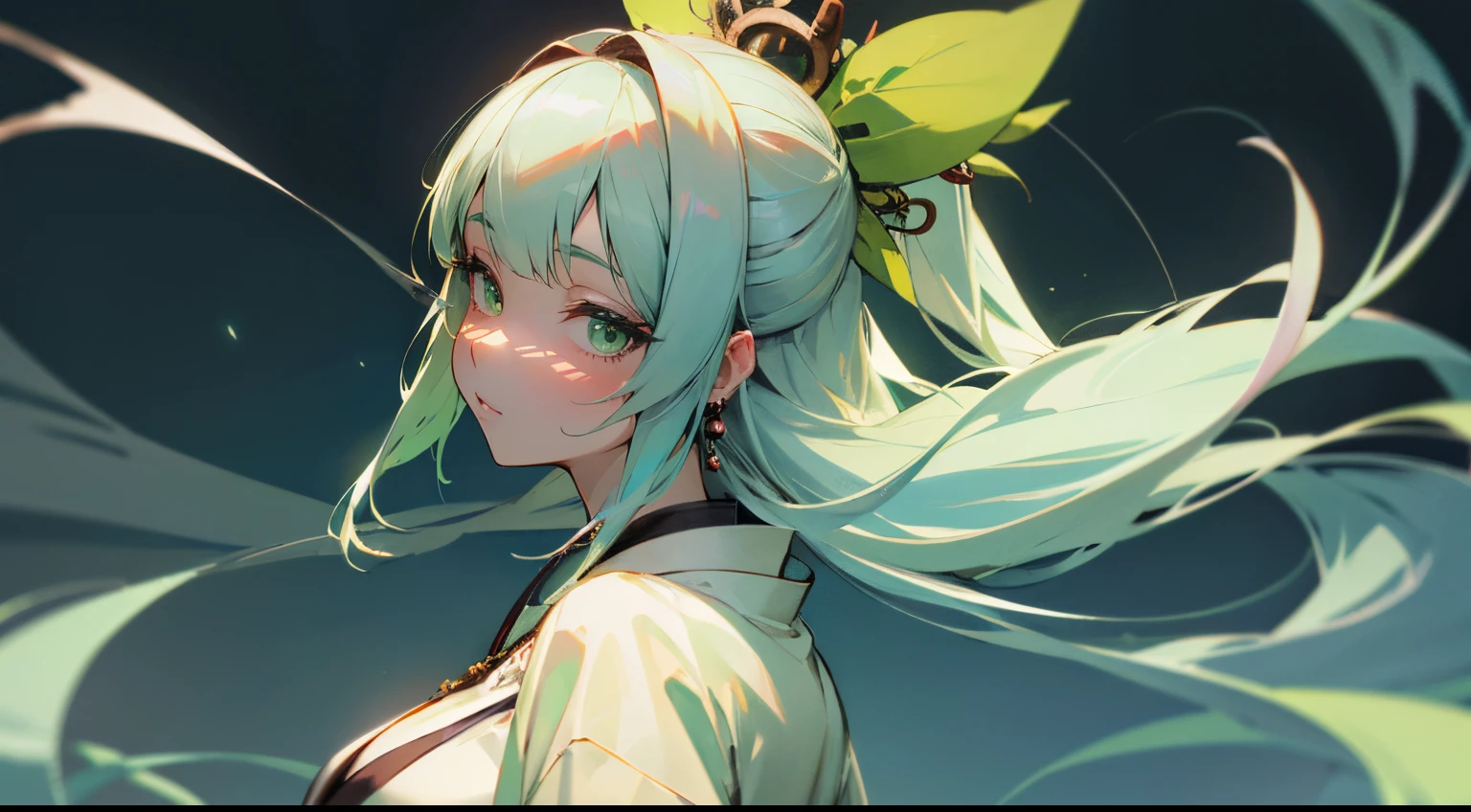 Highly detailed　A Japanese style　a beauty girl　silber hair　samurais　light green kimono　　Blue hair fastening　Green eyes　huge tit　fumo　Looks Back